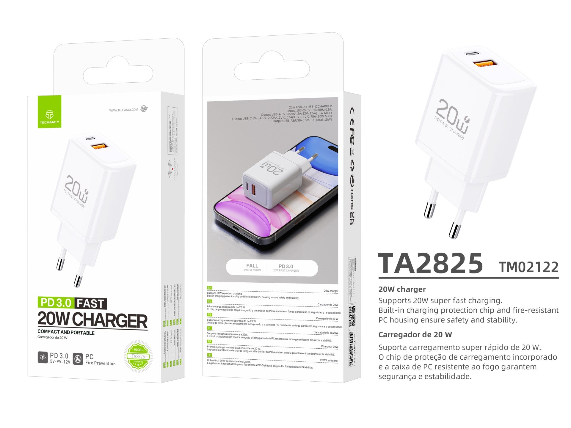 Techancy Carregador TA2825 PD3.0 20W com Duas Portas USB-C e USB-A Compativel com Diversos Telemoveis e Tablets