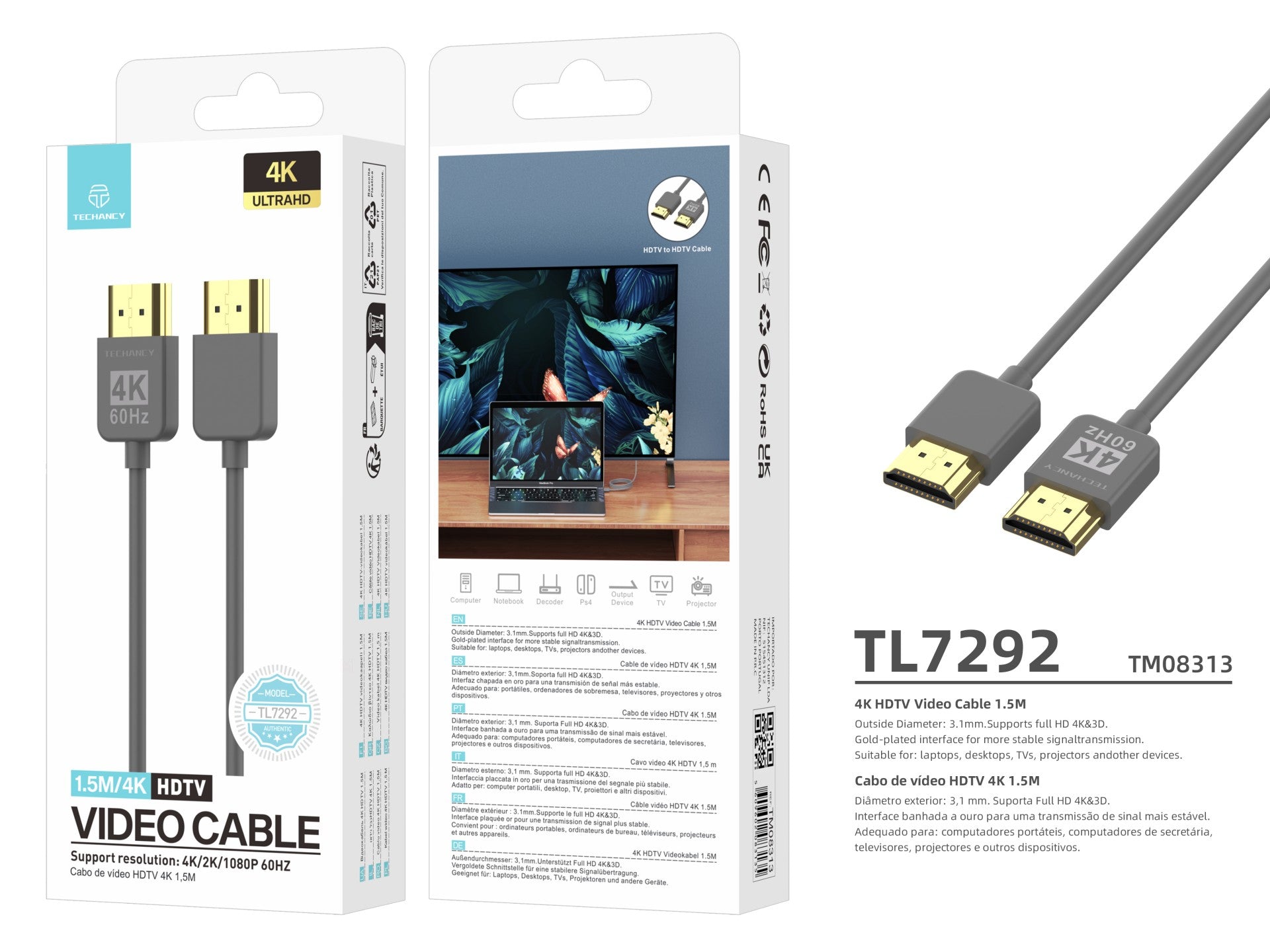 Cable de video HDMI 4K Techancy TL7292, 1,5 m, gris, compatible con 4K a 60 Hz, ideal para computadoras, televisores y proyectores