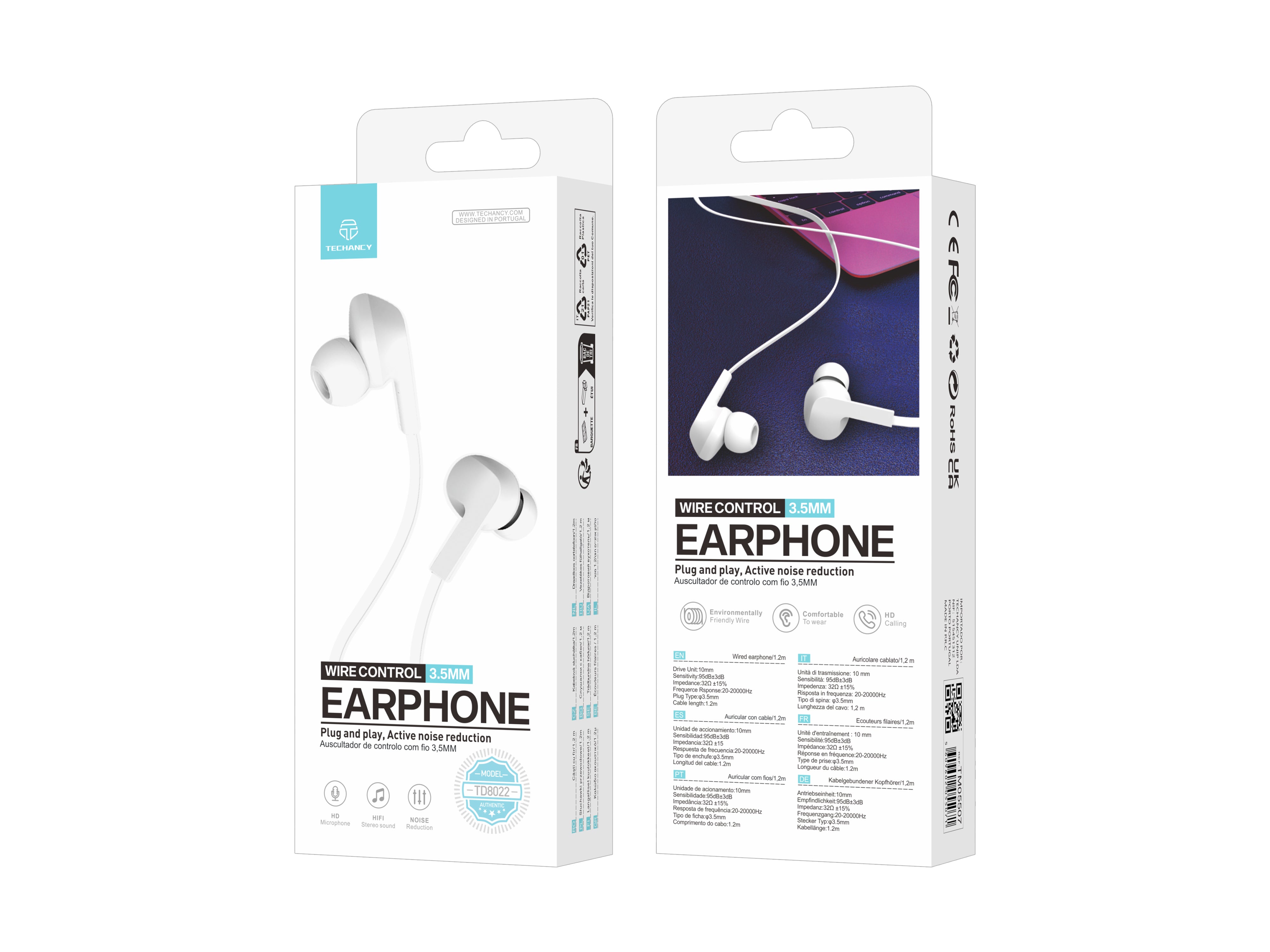 Techancy Auricular Com Fios Branco TD8022 , Microfone Integrado, 3,5 Mm, Compatível Com Smartphones E Tablets