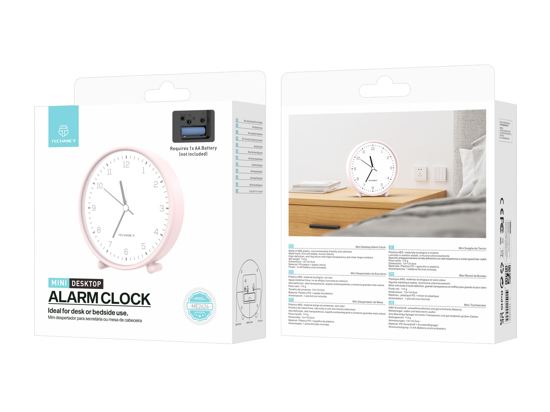 Techancy Mini ME2624 Silent Desk Alarm Clock, Large Numbers, Mirror, HD ABS Body, Portable for Bedroom and Desk, Pink Color