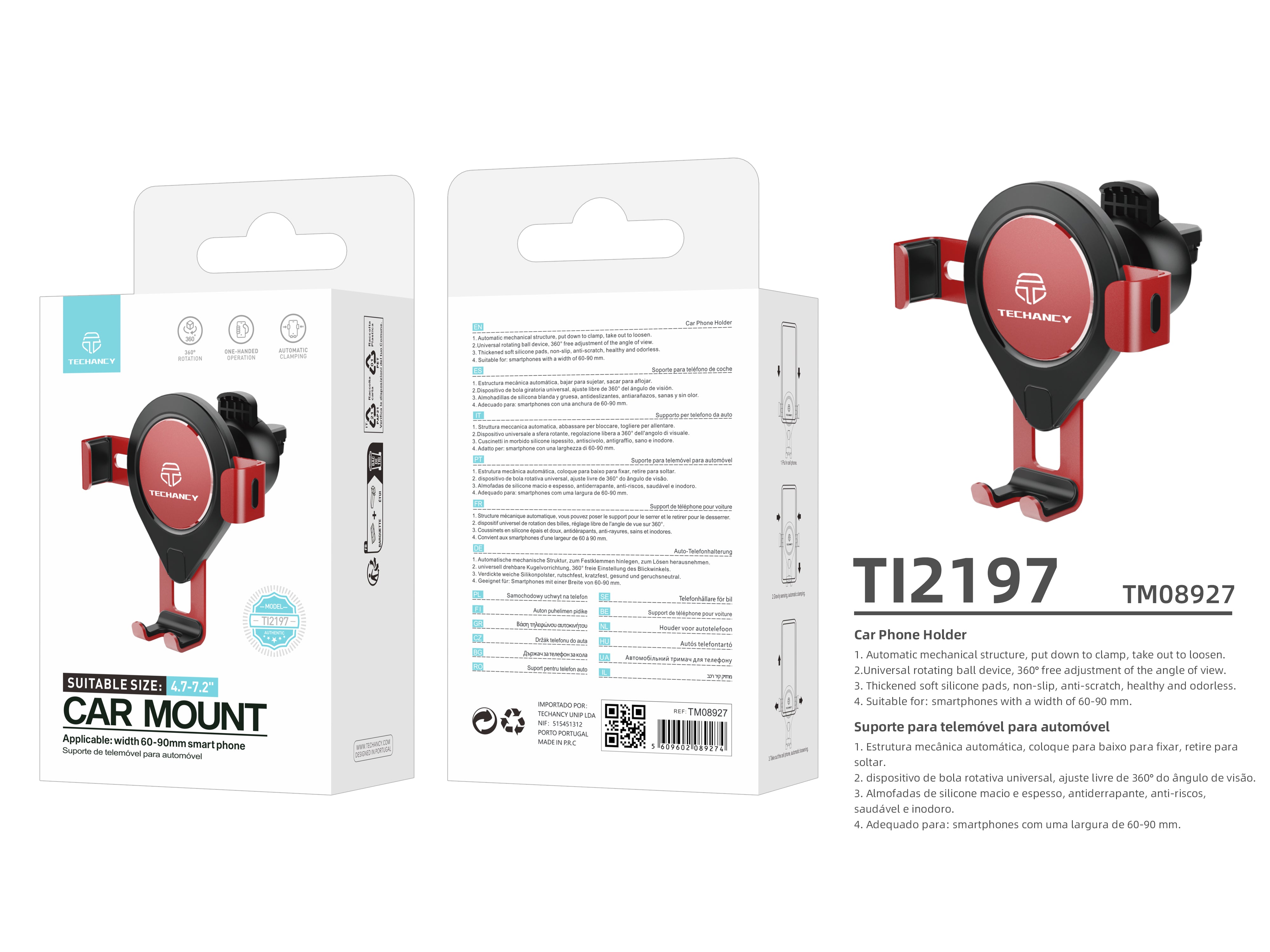 Soporte para teléfono de coche Ti2197, color rojo, con rotación de 360 ??grados para teléfonos de 4,7 a 7,2 pulgadas
