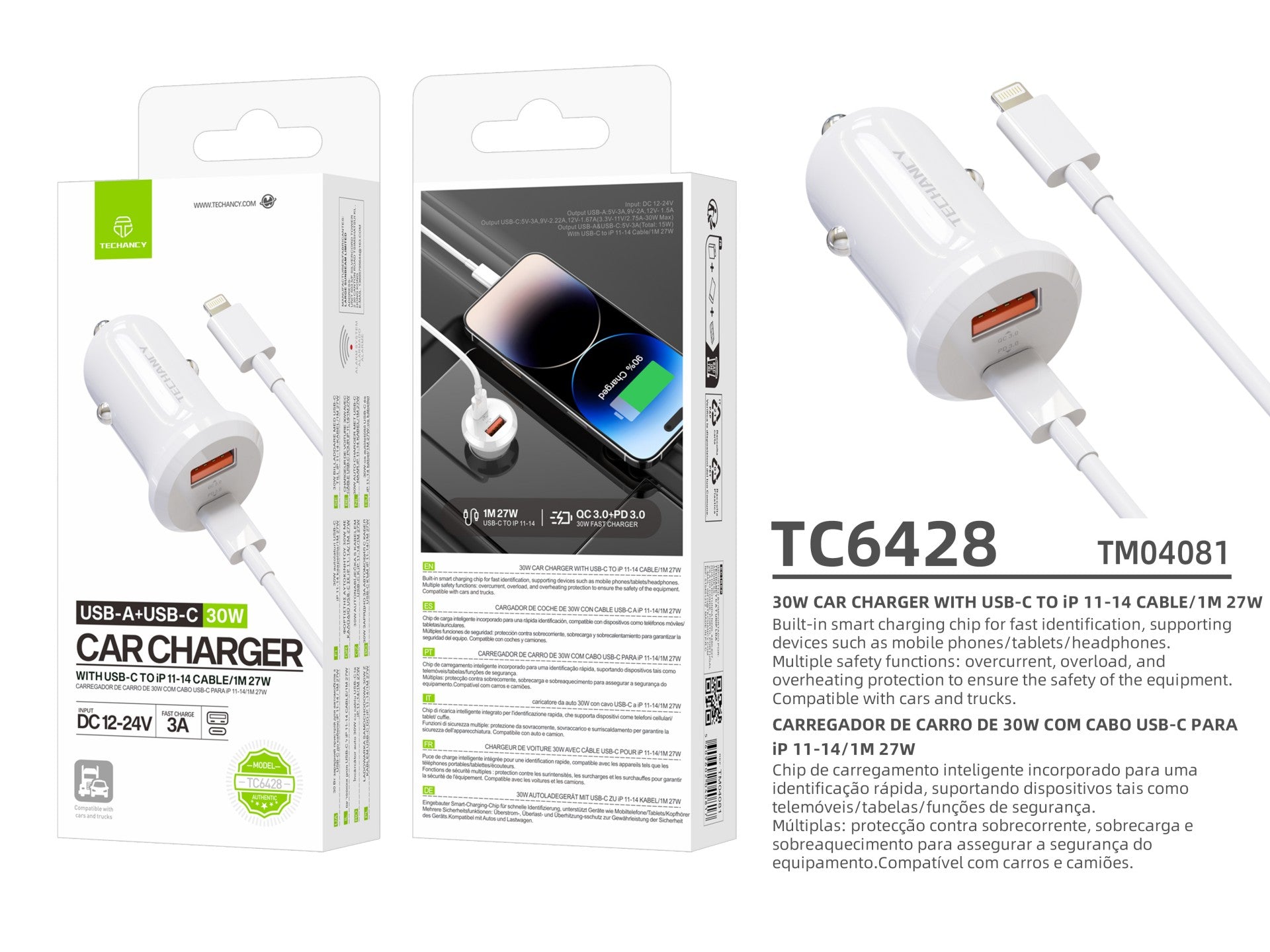 Techancy Carregador de Carro TC6428 30W USB-A+USB-C com cabo 1m USB-C para Lightning PD3.0 QC3.0 12-24V