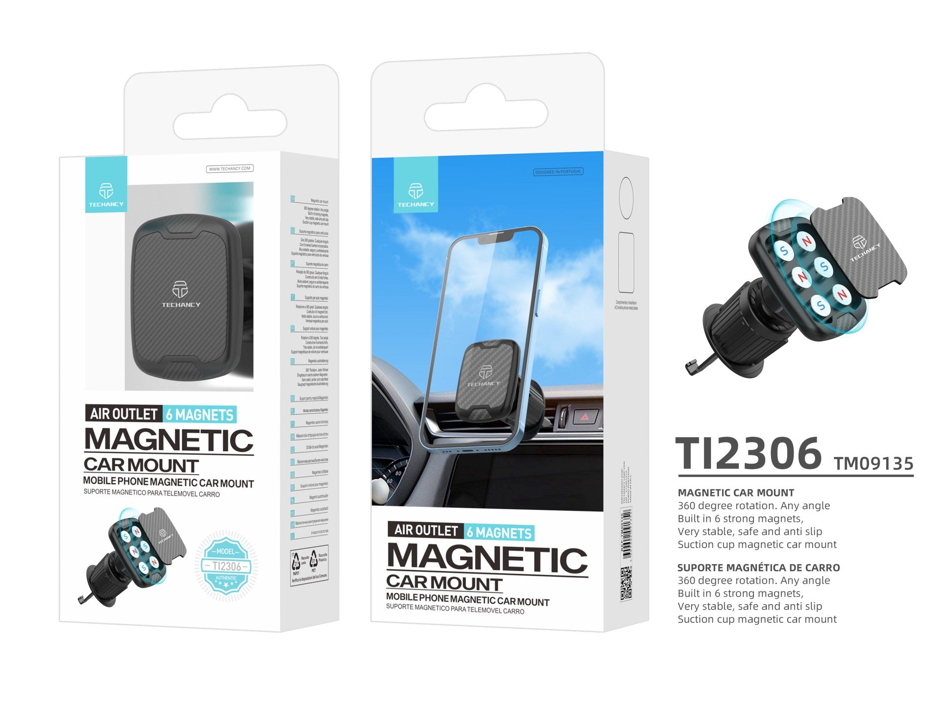 Techancy Magnetic Car Phone Holder Ti2306, 360 Degree Rotation Holder, Car Air Outlet