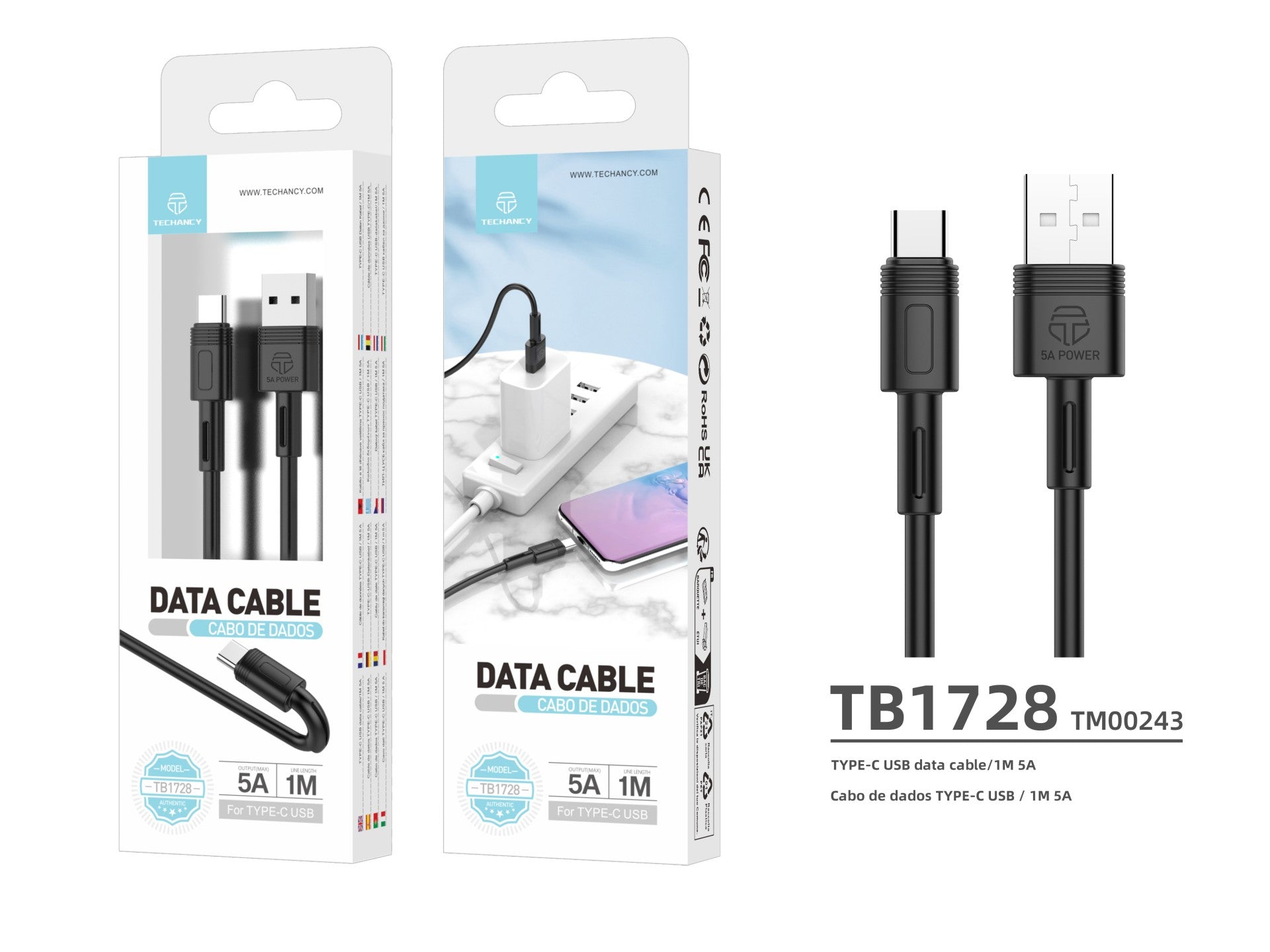 Techancy Fast Charging Data Cable 5A 1m Black TB1728, Usb-Type C Interface, Supports Data Transfer.