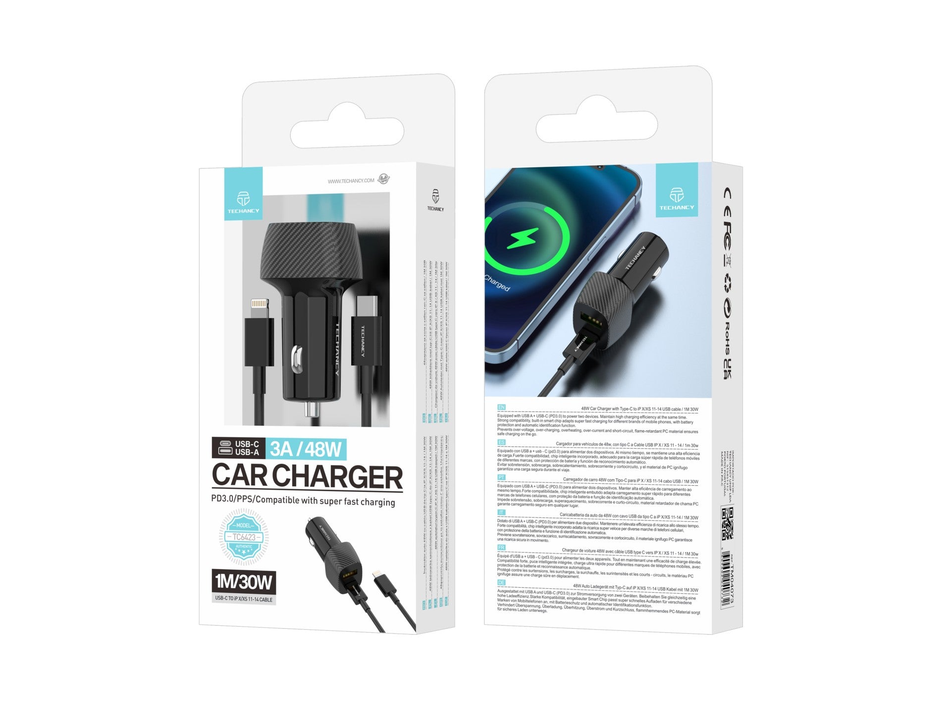 Techancy Carregador De Automóvel 48w Usb+Usb-C Pd3.0 De Porta Dupla TC6432 Com Cabo Type-C Para Lightning 1m/30w, Preto