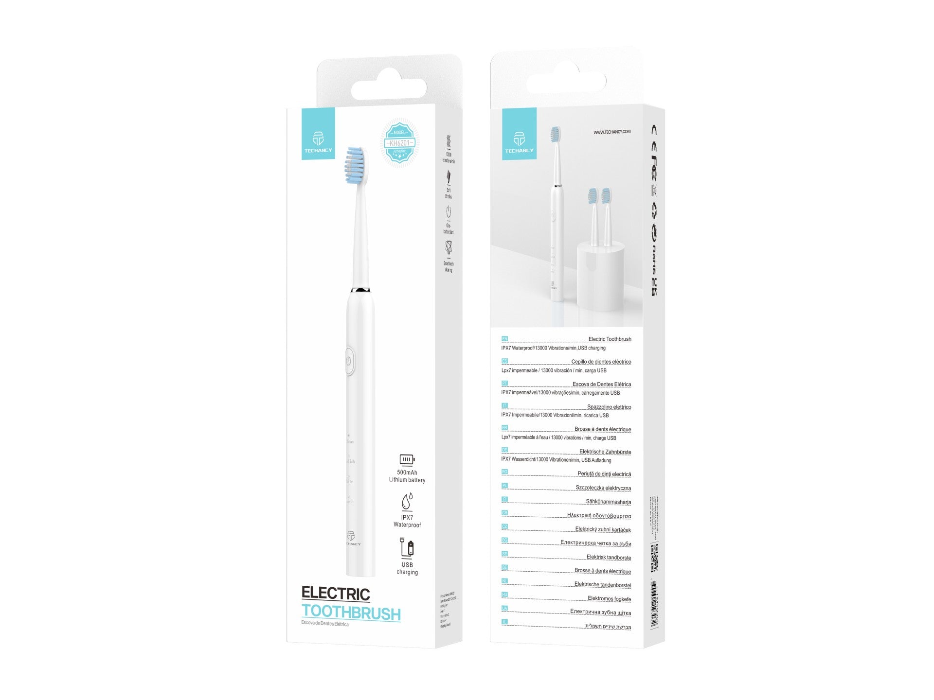Techancy KH6201 White Electric Toothbrush, IPX7 Waterproof, Replaceable Brush Head, Rechargeable Battery
