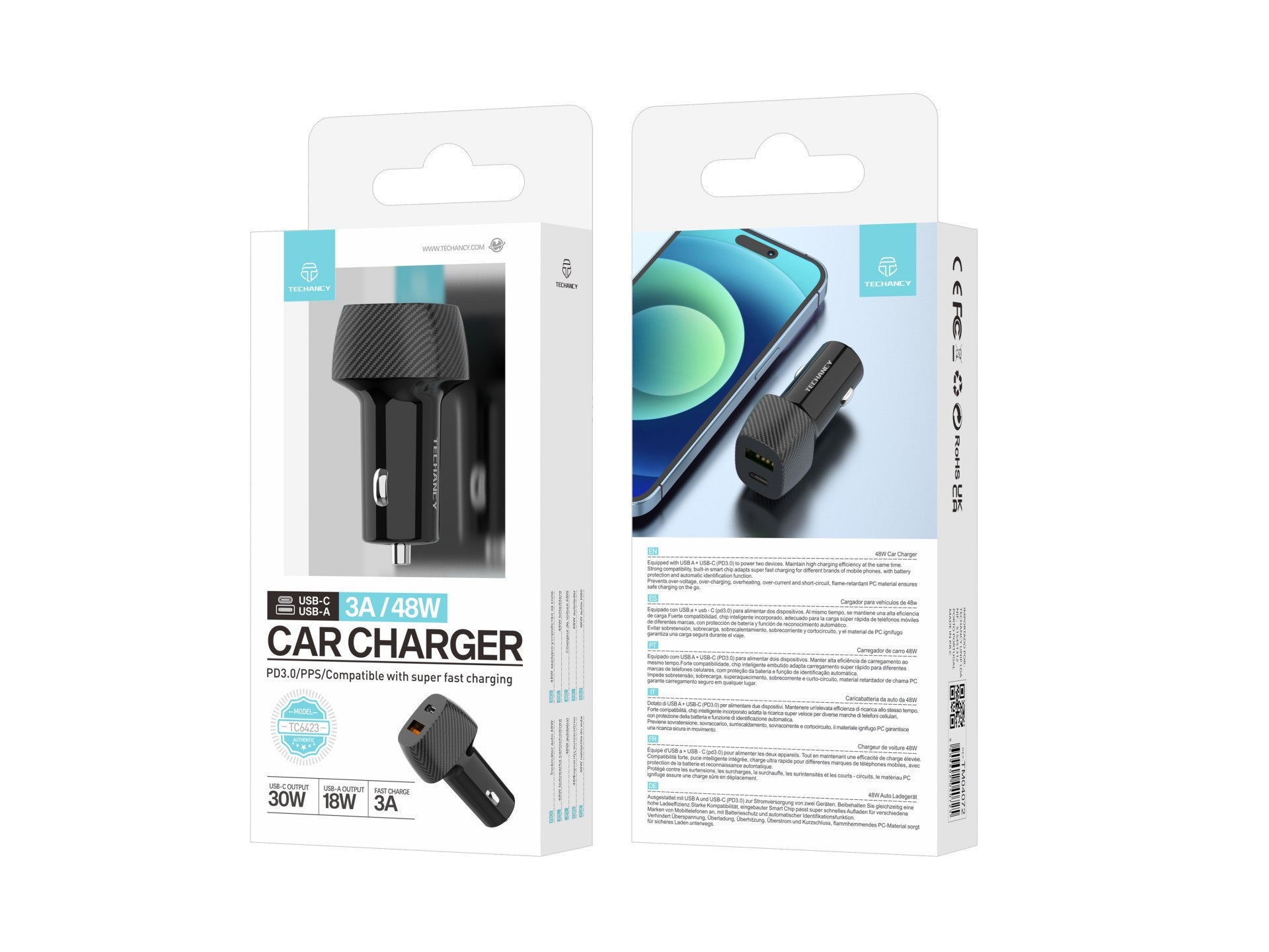 Techancy Carregador Deautomóvel48w  TC6432, Carregamento Rápido Pd3.0 De Porta Dupla Usb-A+Usb-C, Preto