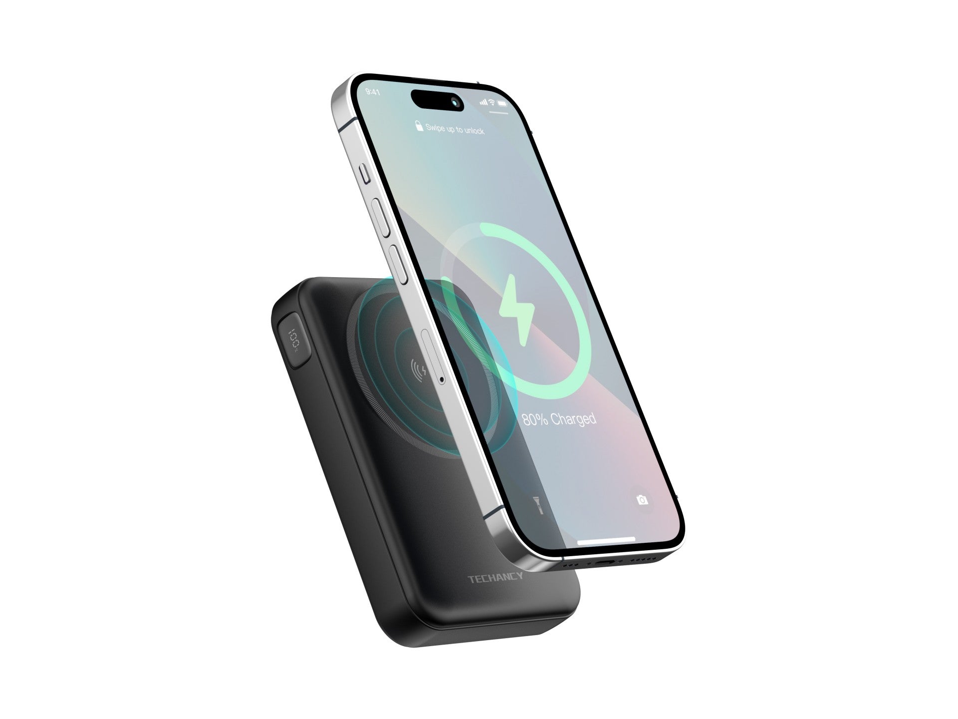 Techancy Magnetic Power Bank TF2786 10000mAh Fast Wireless Charging 15W PD 20W Compatible with MagSafe Integrated Support LED Screen Black