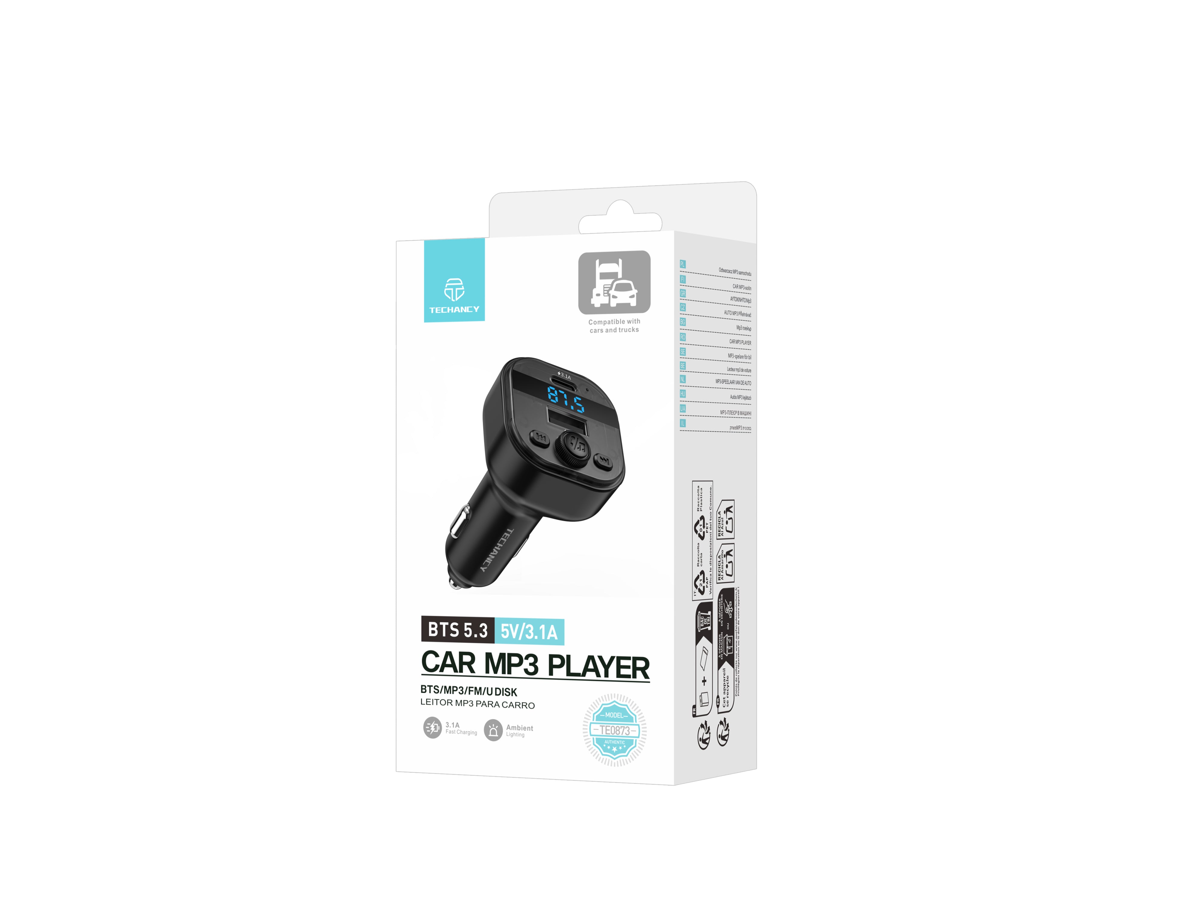 Techancy Leitor MP3 para Carro TE0873, Dupla Porta USB 3.1A, FM, U Disk, TF Card, Compativel 12V-24V Carros e Caminhoes
