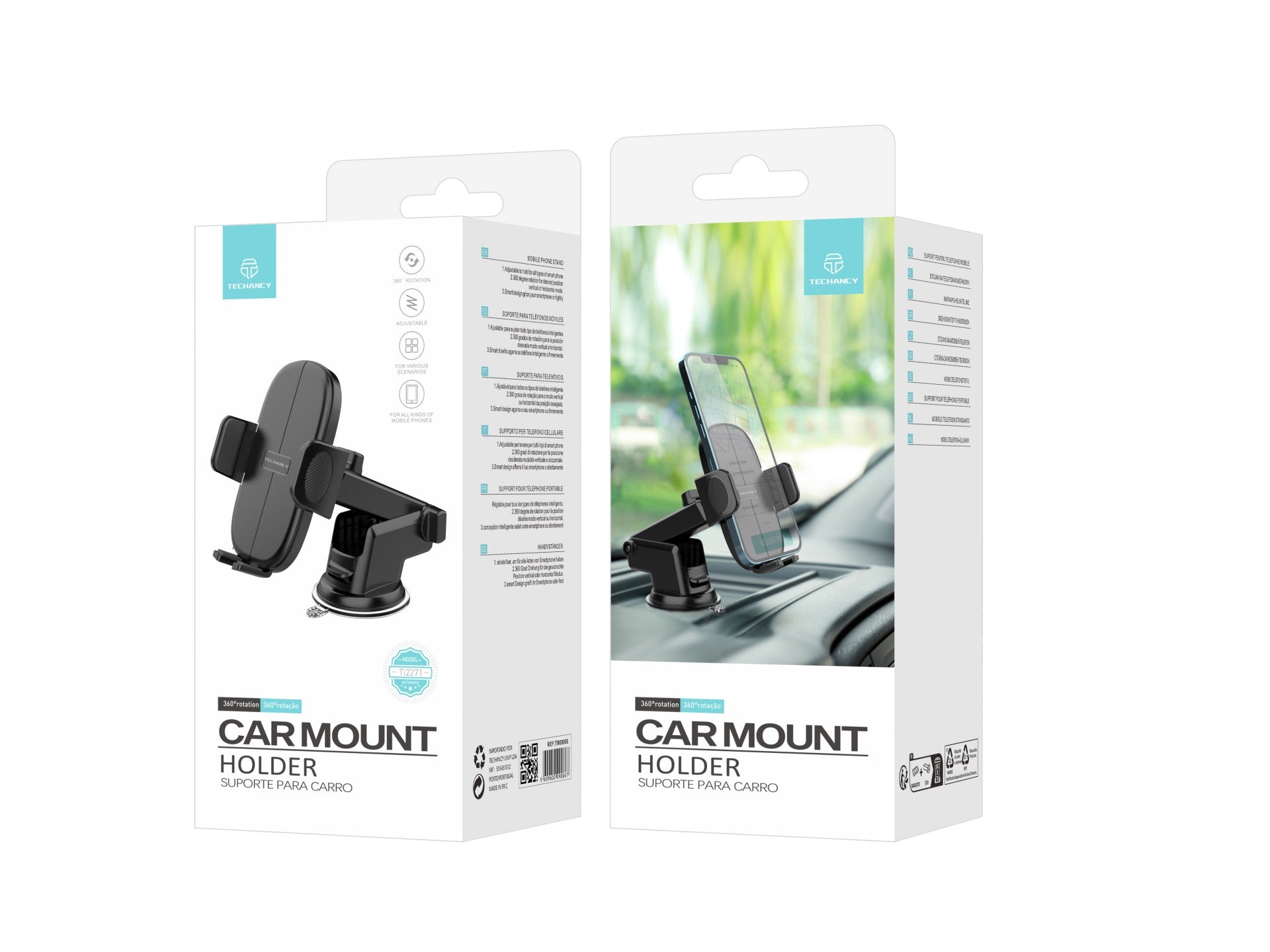 Techancy Suporte Para Telemóvel Para Automóvel Ti2271, Ajustável A Diferentes Telemóveis, Abertura E Fecho Com Um Toque.