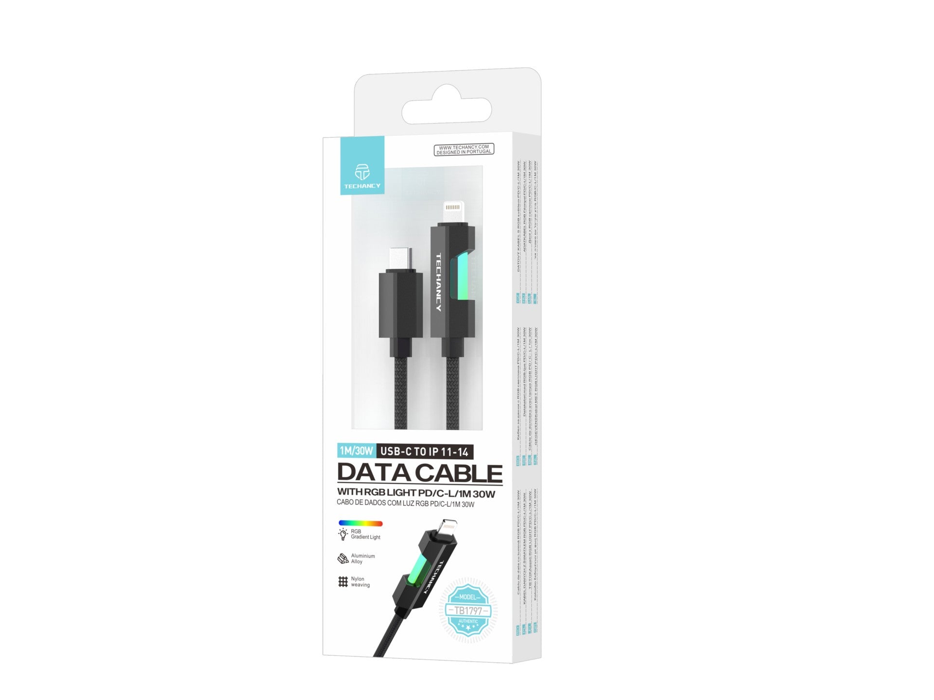 Techancy USB-C to Lightning Cable TB1797, 1 Meter/30 Watts, RGB Lights, Aluminum Braided, Compatible with iPhone 11-14 Black