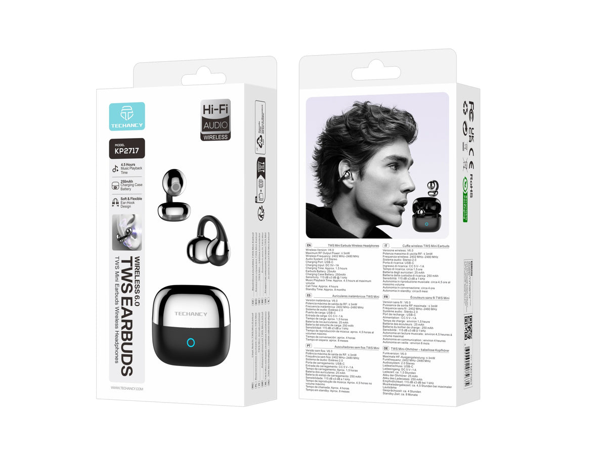 Auriculares Bluetooth Open Ear Techancy KP2717, TWS Mini, Bluetooth 6.0, Gancho de Ouvido, Autonomia 4.5h, Caixa 250mAh, USB-C, Preto