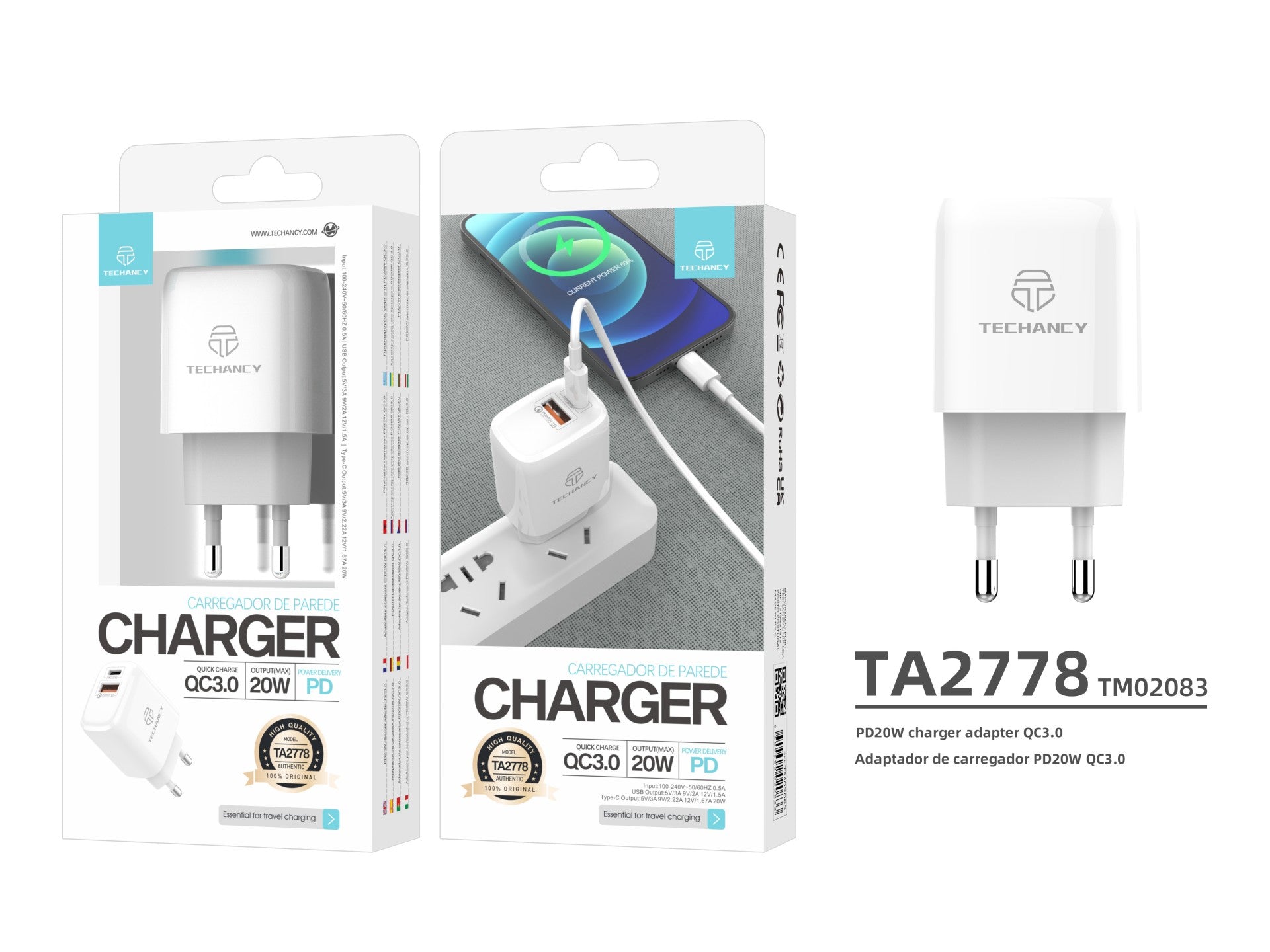 Techancy White 20W Charger TA2801, Supports PD and QC3.0, PD Fast Charging, Compatible with Mobile Phones and Tablets