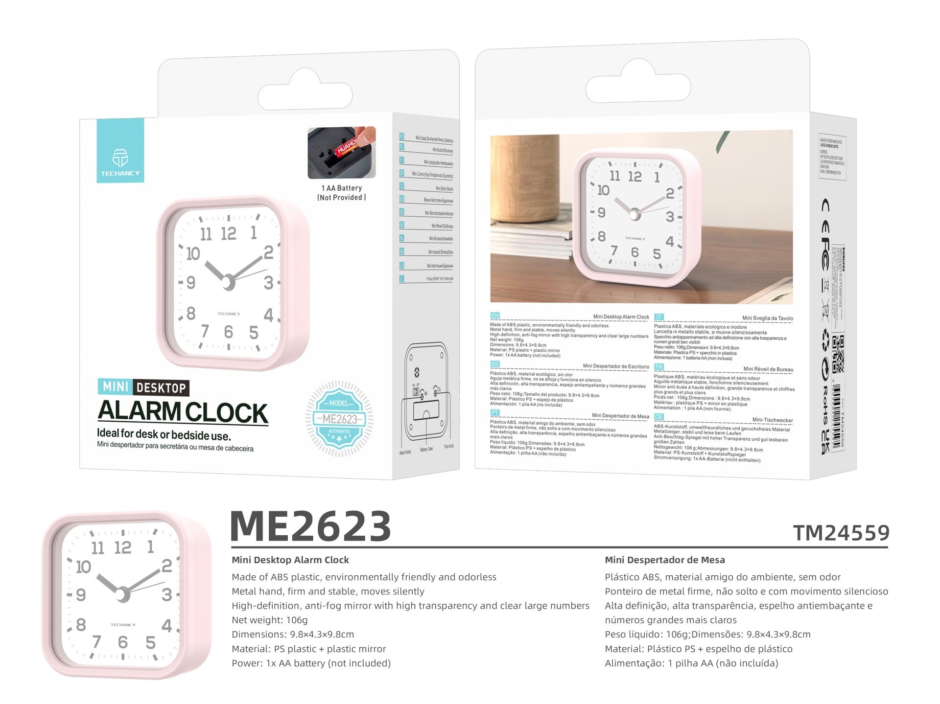 Techancy Mini ME2623 Silent Desk Alarm Clock, Large Numbers, HD Mirror, ABS Body, Portable for Bedroom and Desk, Pink Color