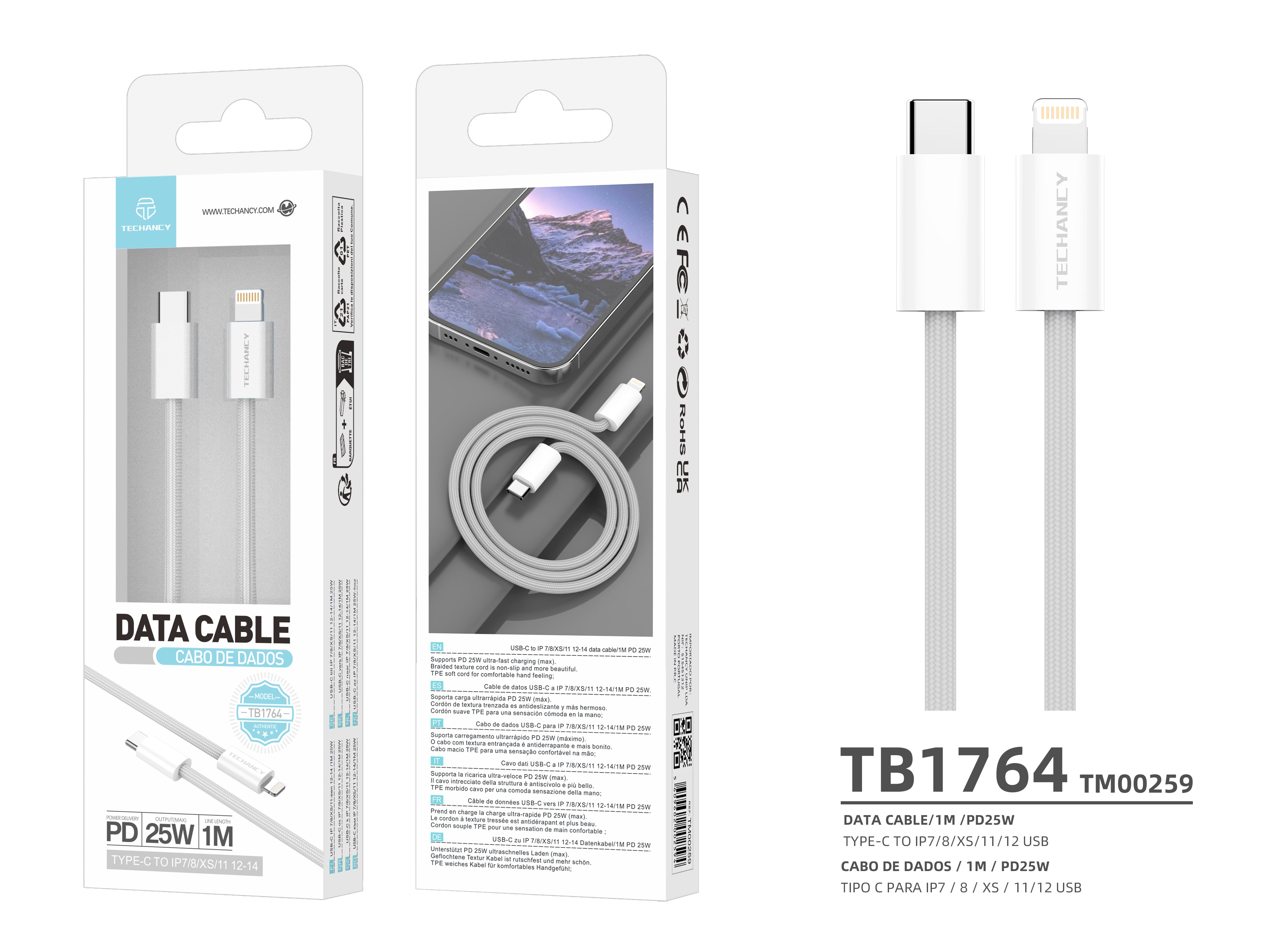 Techancy Cabo de Dados PD TB1764, 25W, 1m Branco, USB-C para Lightning, CompatIvel com iPhone 8/XS/11-14, Design Trancado Resistente