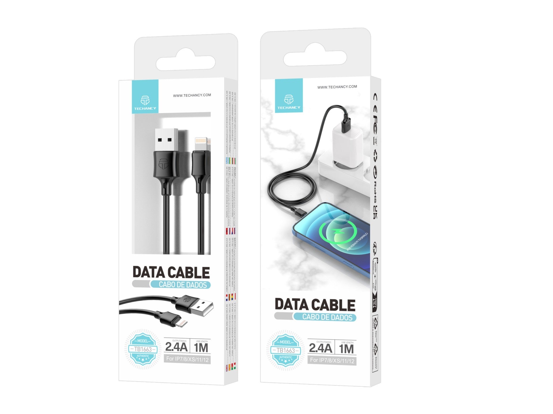 Techancy Cabo De Dados Usb-Lightning 1m Preto TB1671, Carregamento 2.4A, Compatível Com Iphone/Ipad