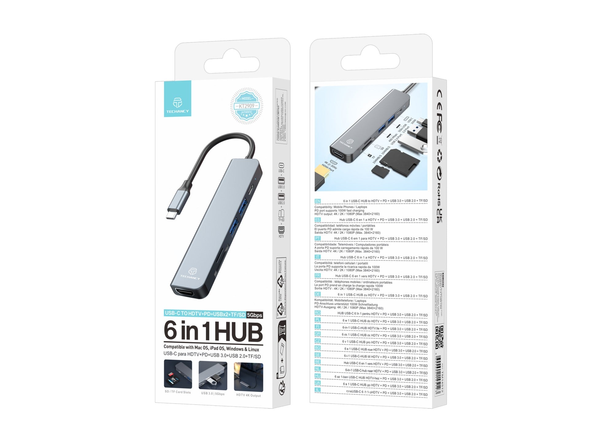 Techancy Hub USB-C 6 em 1 KT2909 com HDTV, PD, USB 3.0/2.0 e Leitor TF/SD, Compativel com PC e Telemovel, Cinzento