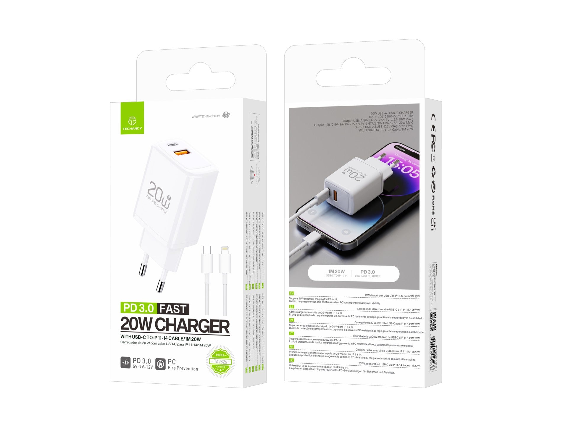 Cargador Techancy TA2826 PD3.0 de 20 W con dos puertos USB-C y cable Lightning compatible con iPhone de la serie 8 a 14