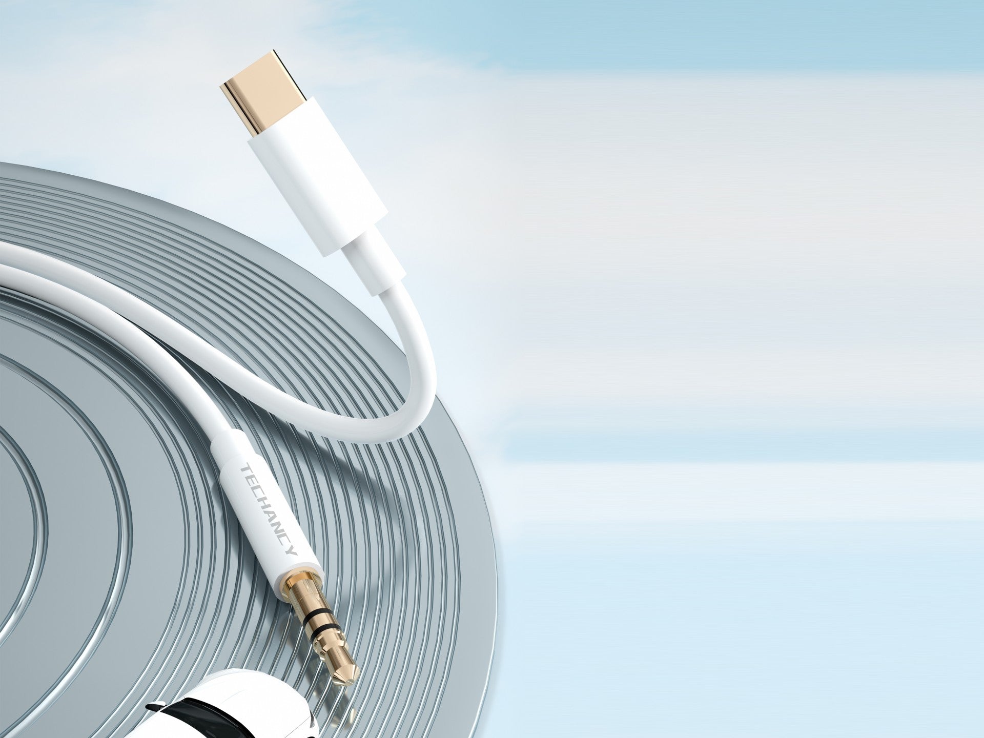 Techancy Automotive Aux Audio Cable  KQ2602, Tipo-C Para 3,5 Mm, 1 Metro, Qualidade De Som Hifi,Branco