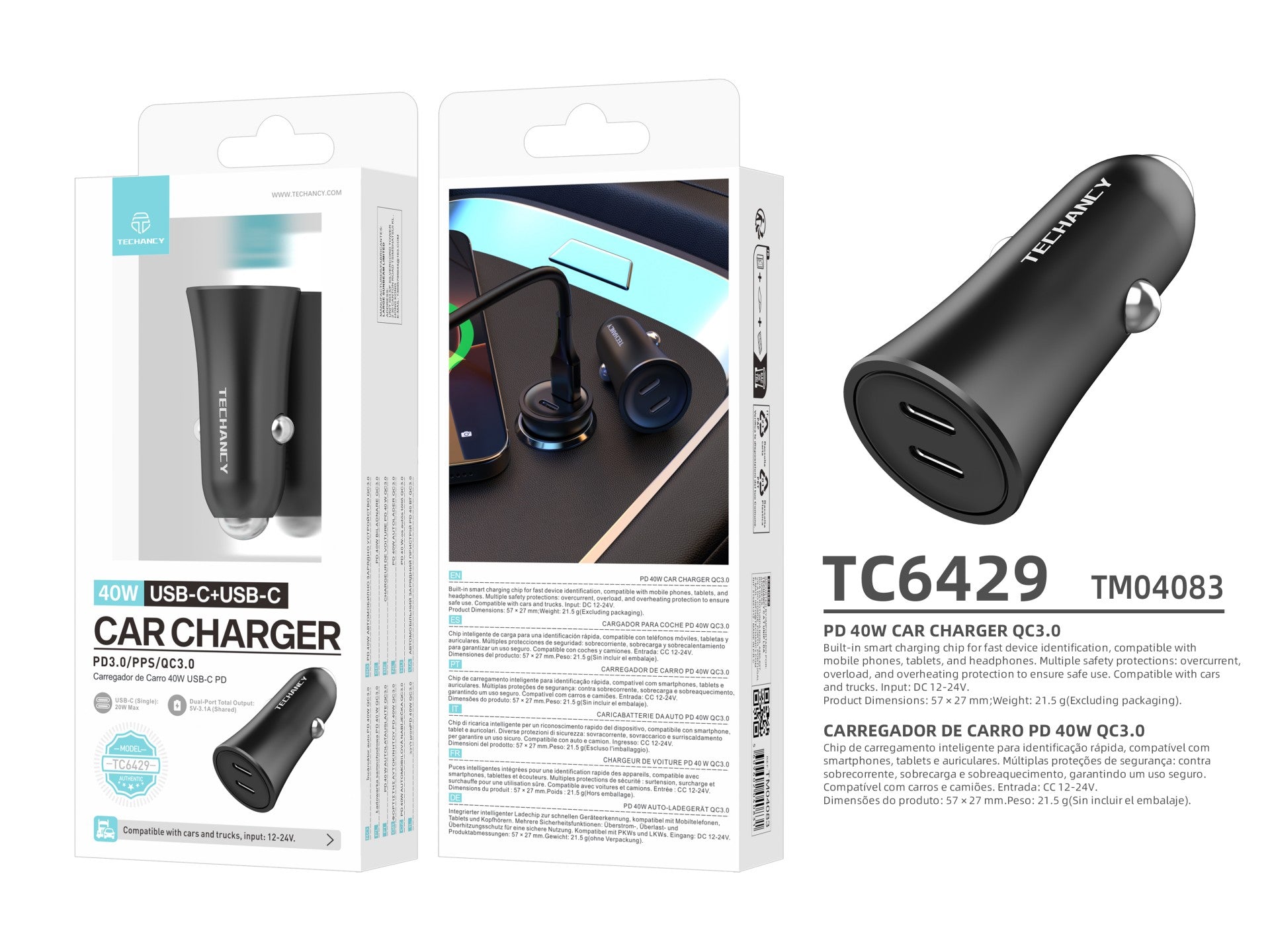 Cargador de coche Techancy TC6429 de 40 W con doble USB C PD PPS QC3.0, carga rápida, 12 V, 24 V, color negro