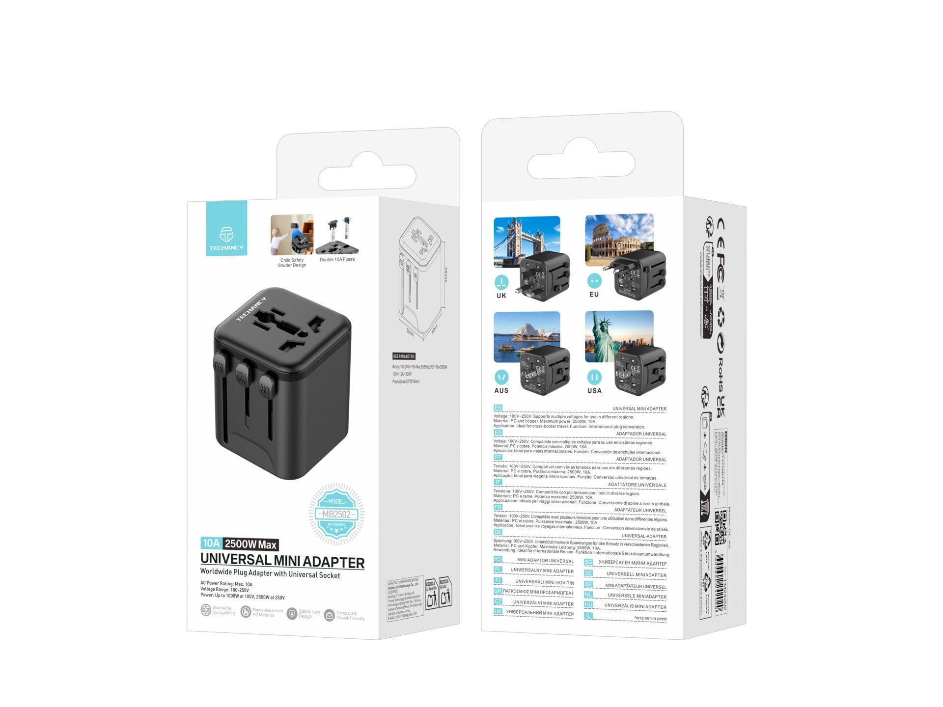 Techancy Universal Travel Adapter MB2502 Converter Worldwide Socket 2500W 10A Compatibility UK EU US AUS Ideal for Travel Black