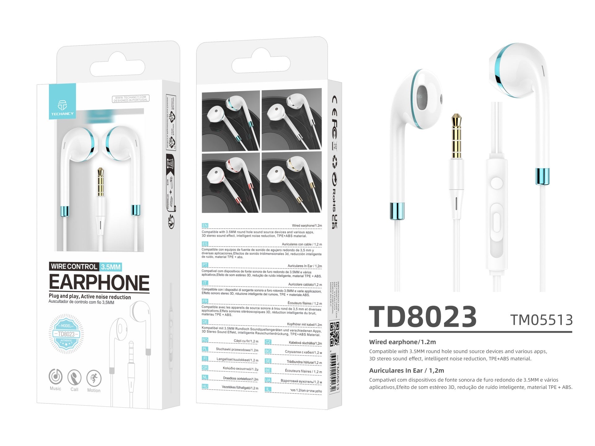Techancy Fone de ouvido com fio TD8023, plugue 3,5 mm, controle no fio, microfone HD, cabo 1,2m