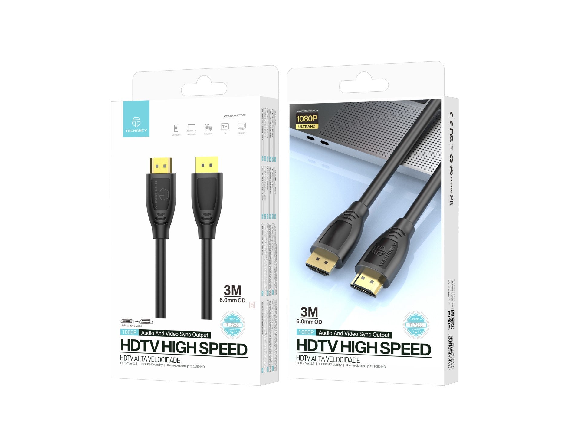 Techancy Cabo Hdtv De Alta Velocidade  TL7265,3m, Ecrã Hd 1080p Para Televisores, Computadores, Projectores E Consolas