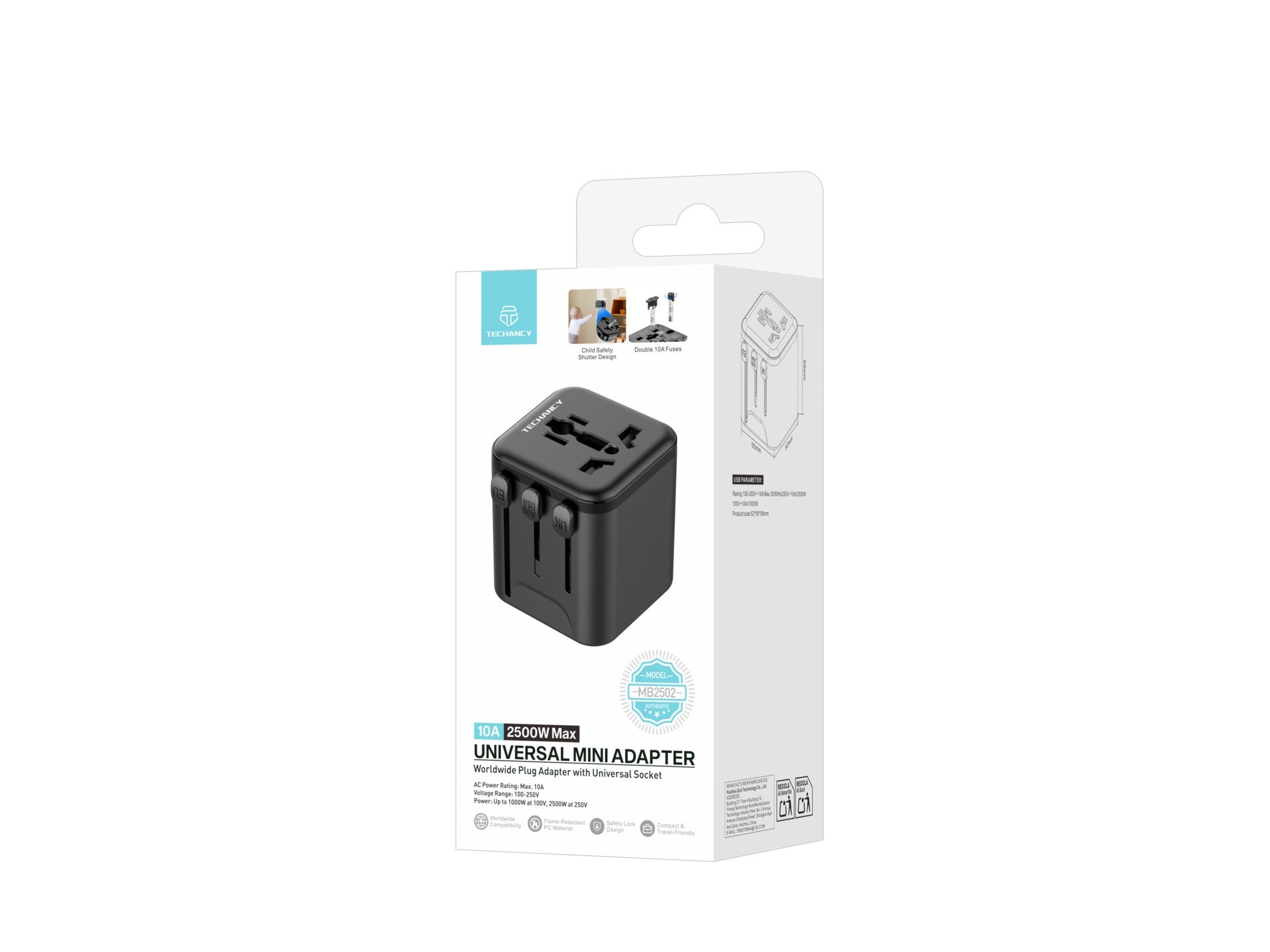 Techancy Universal Travel Adapter MB2502 Converter Worldwide Socket 2500W 10A Compatibility UK EU US AUS Ideal for Travel Black