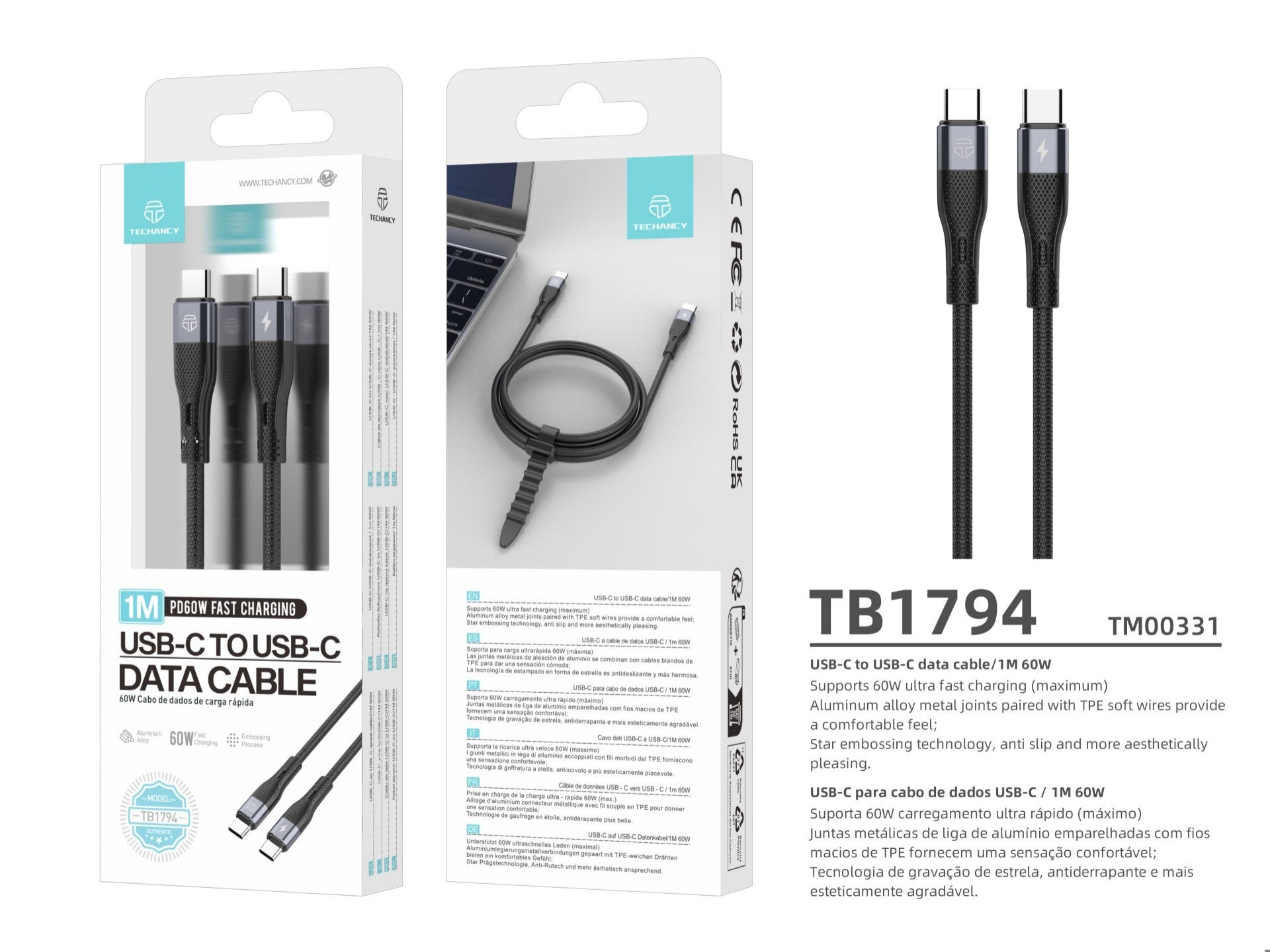 Techancy Cabo de carregamento rápido PD USB C para USB C Preto TB1779, carregamento rápido de 60 W, comprimento 1 m