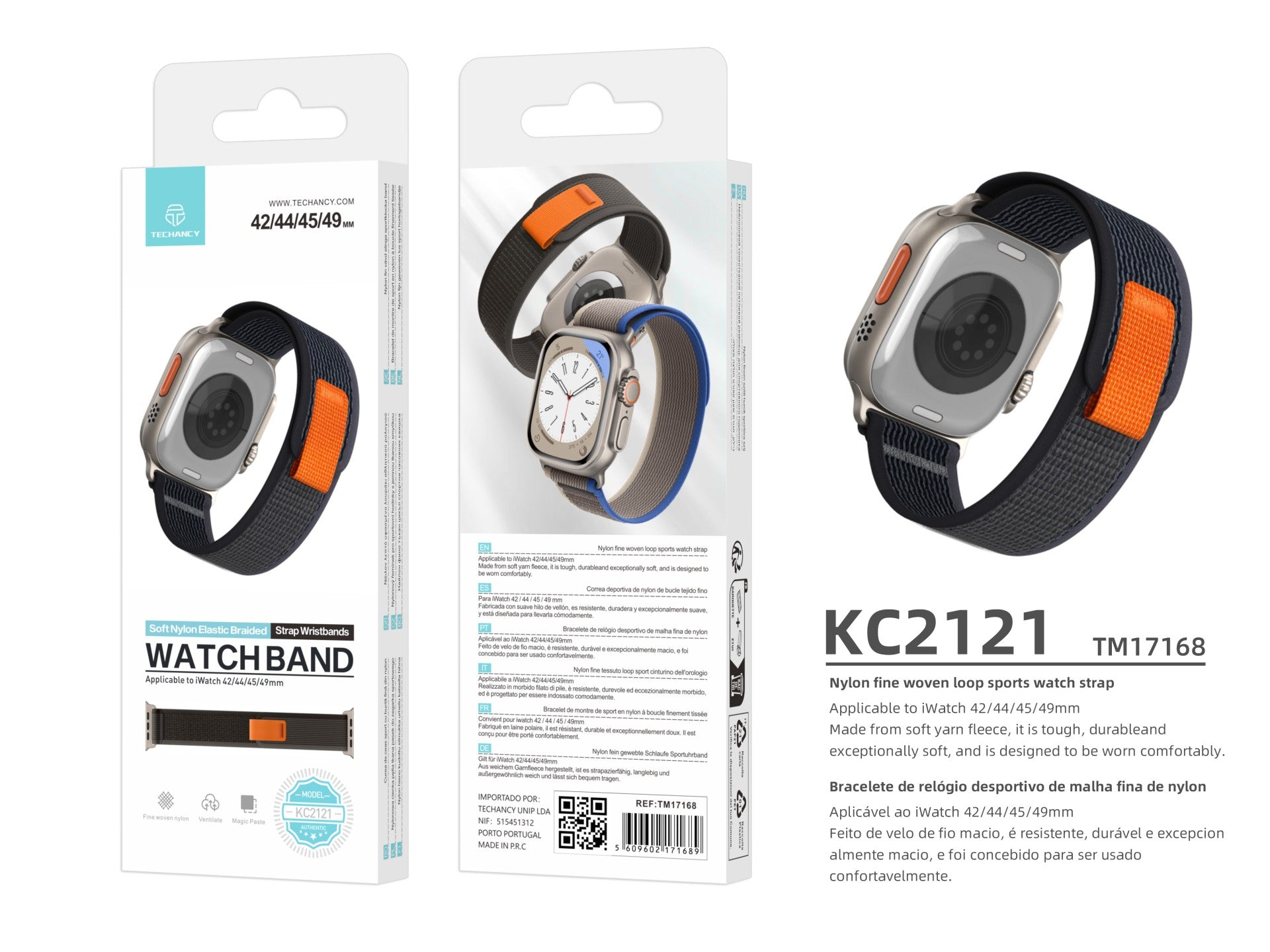 Correa deportiva gris Techancy KC2121, compatible con Apple Watch Ultra 42 mm/44 mm/45 mm/49 mm, nailon y velcro, cierre ajustable.