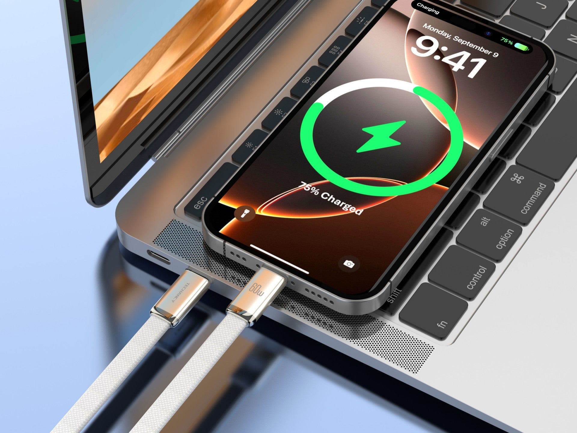 Techancy Cabo de Dados USB C para USB C 60W TB1804 Carregamento Rapido PD Trancado Resistente para Telemovel e Tablet