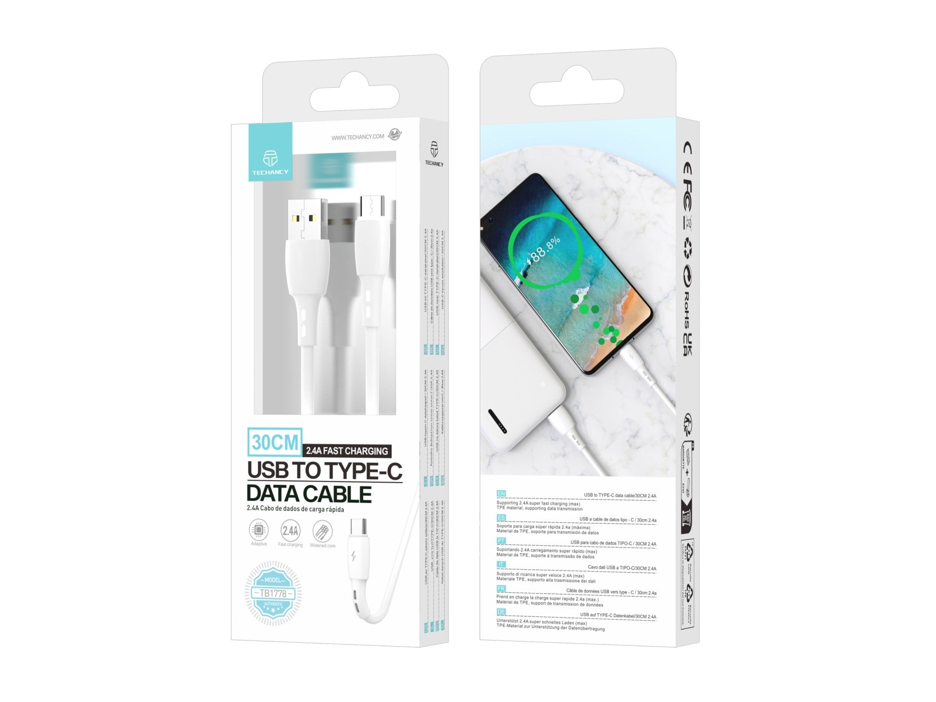 Cable de datos USB tipo C Techancy blanco TB1778, carga de 2,4 A, 30 cm, apto para usar con banco de energía
