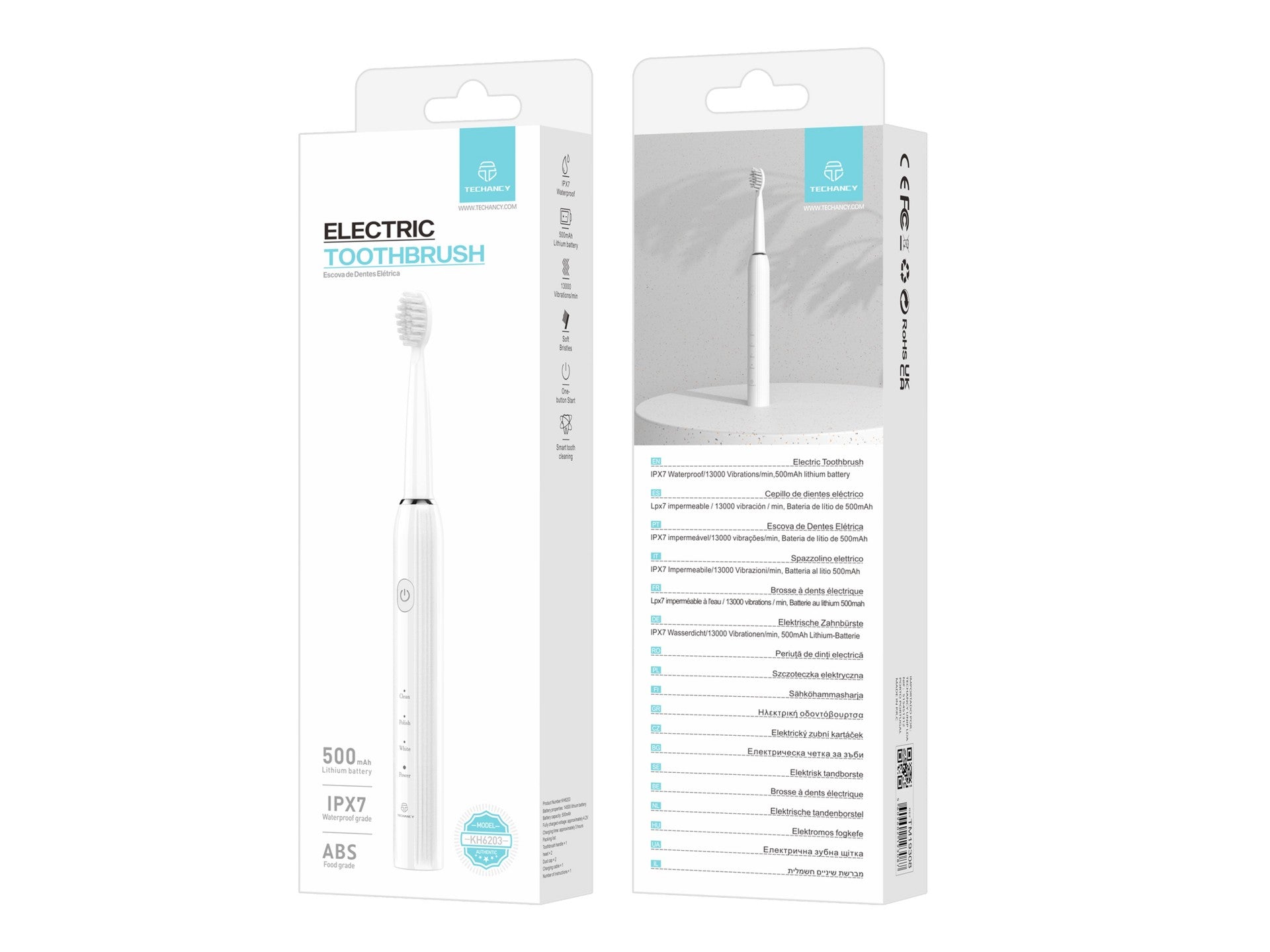 Techancy KH6203 White Electric Toothbrush, IPX7 Waterproof, Replaceable Brush Head, Rechargeable Battery
