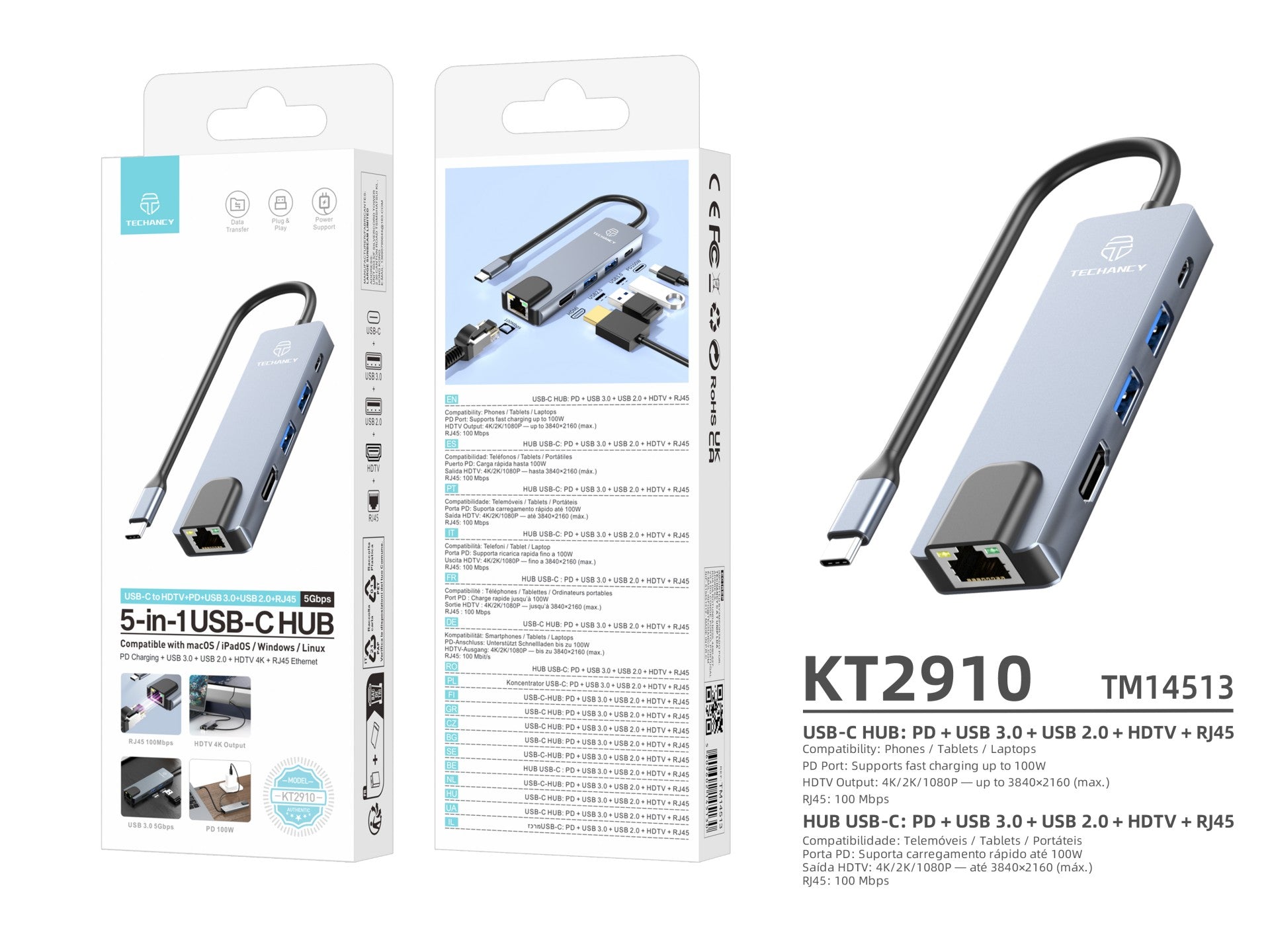 Techancy Hub USB-C 5 em 1 KT2910 com HDTV, PD, USB 3.0/2.0 e RJ45, Compativel com PC e Telemovel, Cinzento