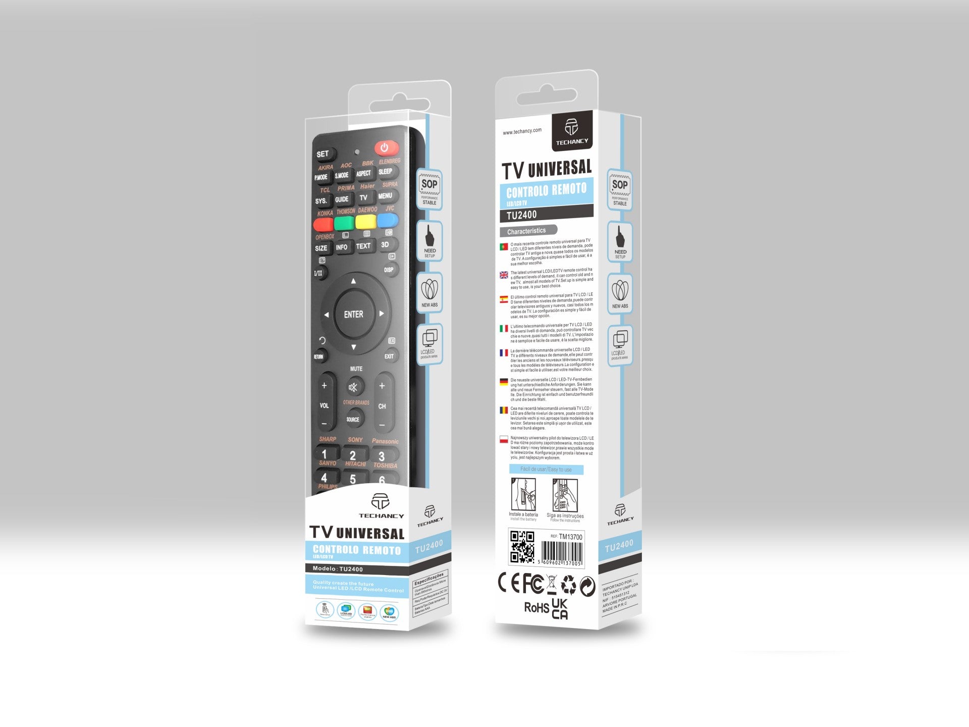 Techancy Controlo Remoto Universal Para Tv TU2400, Ligação De Configuração Simples, Compatível Com Televisores Led/Lcd Novos E Antigos