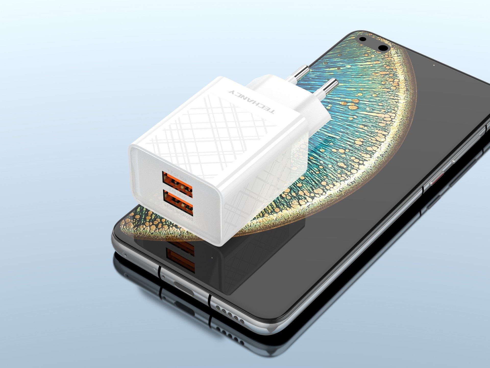 Techancy Carregador Usb 2.4A Branco  TA2758, 2usb Output, Chip Inteligente Integrado, Carregamento Simultâneo Multi-Device
