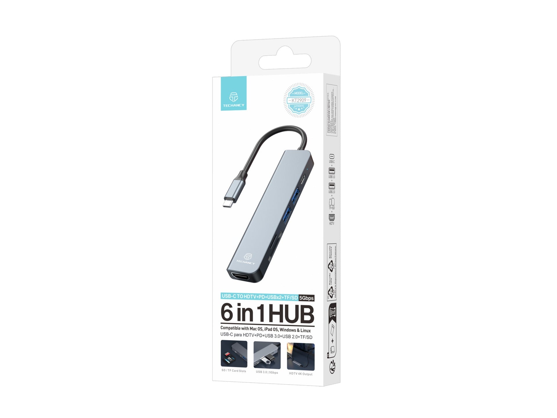 Techancy Hub USB-C 6 em 1 KT2909 com HDTV, PD, USB 3.0/2.0 e Leitor TF/SD, Compativel com PC e Telemovel, Cinzento