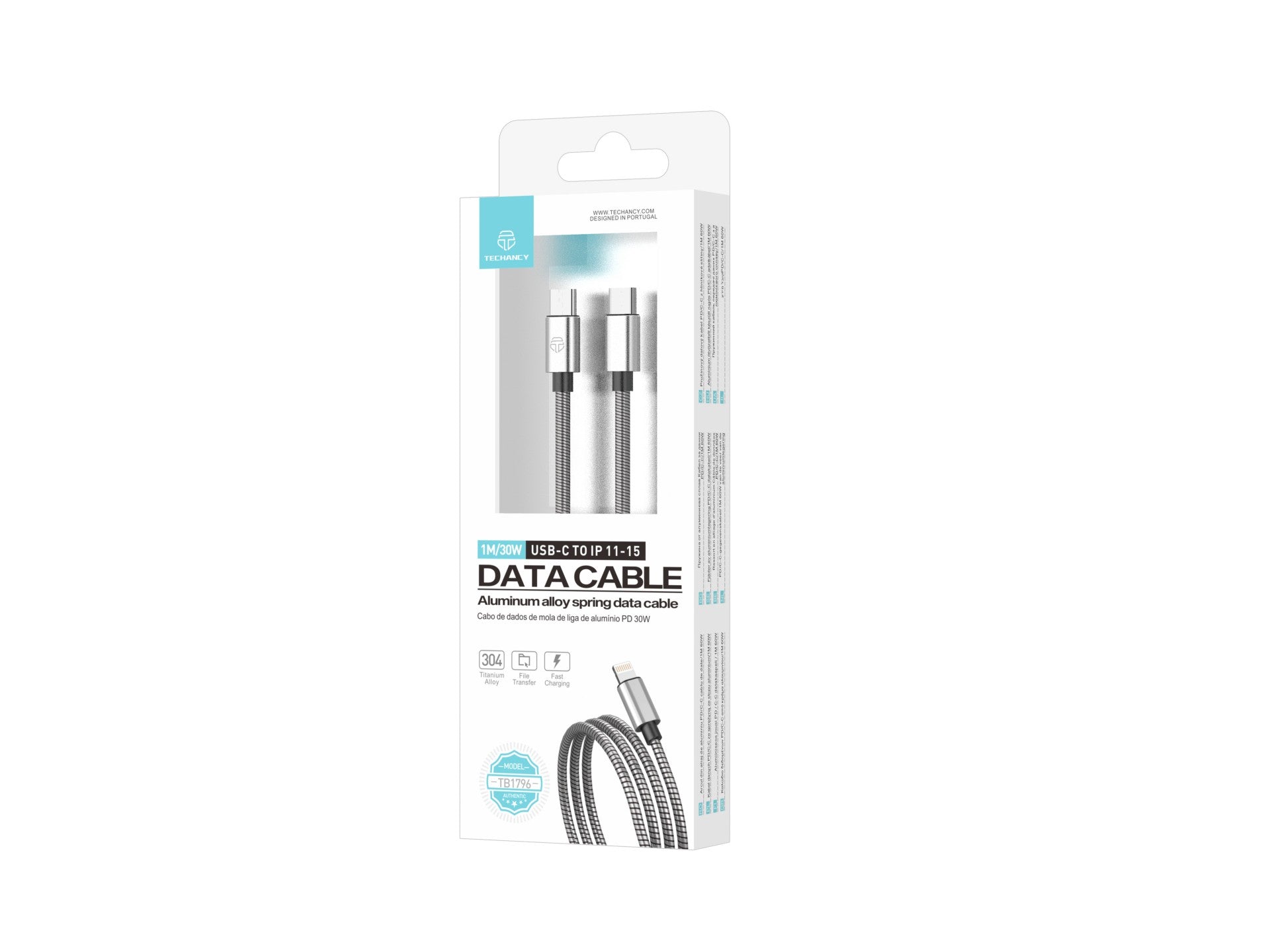 Cable USB-C a Lightning Techancy TB1796 de 1 m, diseño totalmente metálico, resistente a mascotas, carga rápida de 30 W