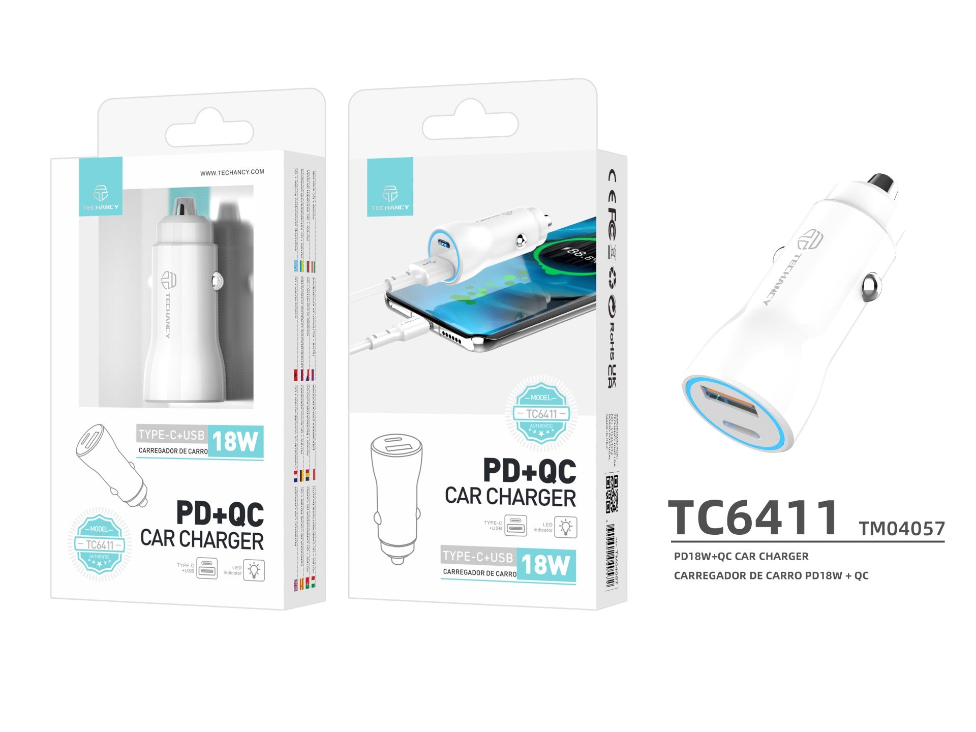 Techancy TC6411 White Car Charger, 18W PD+QC Fast Charging, Compatible with iPhone/Samsung/Huawei