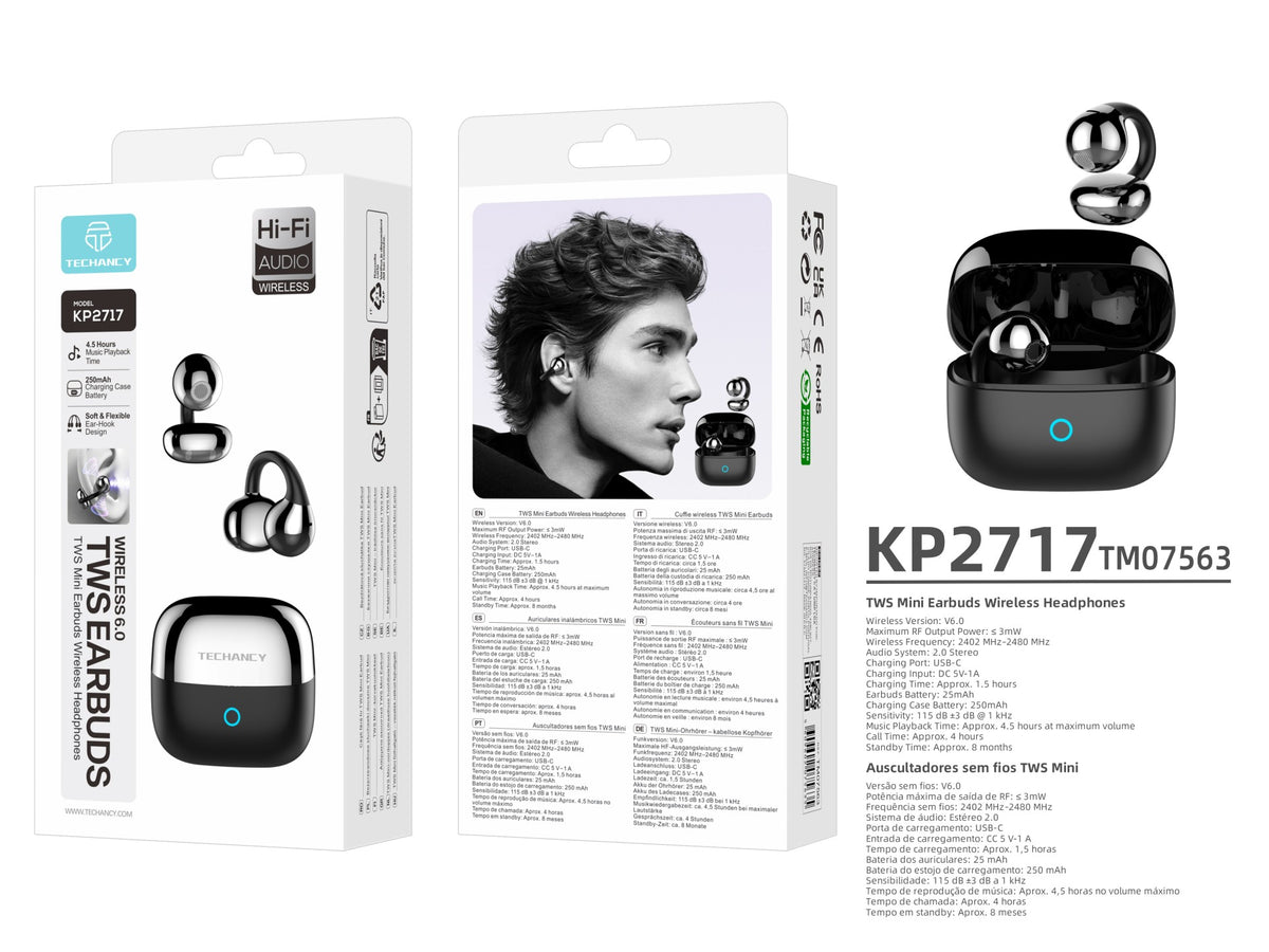 Auriculares Bluetooth Open Ear Techancy KP2717, TWS Mini, Bluetooth 6.0, Gancho de Ouvido, Autonomia 4.5h, Caixa 250mAh, USB-C, Preto