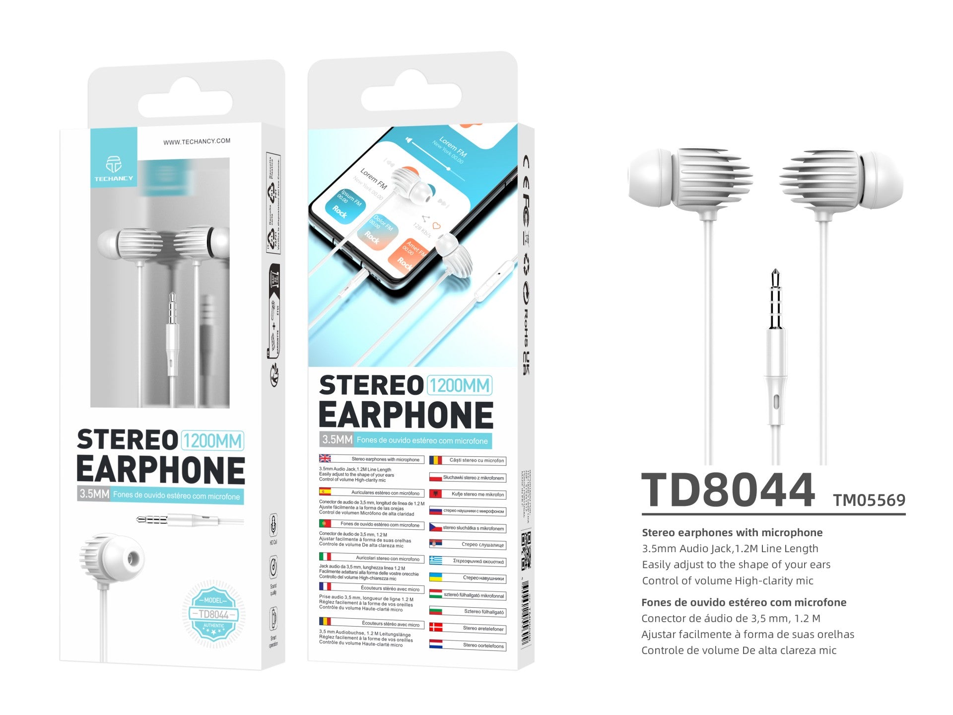 Techancy Auricular Com Fio Branco TD8044, 3,5 Mm Para Conversação Com Microfone, Compatível Com Som Estéreo Para Jogos
