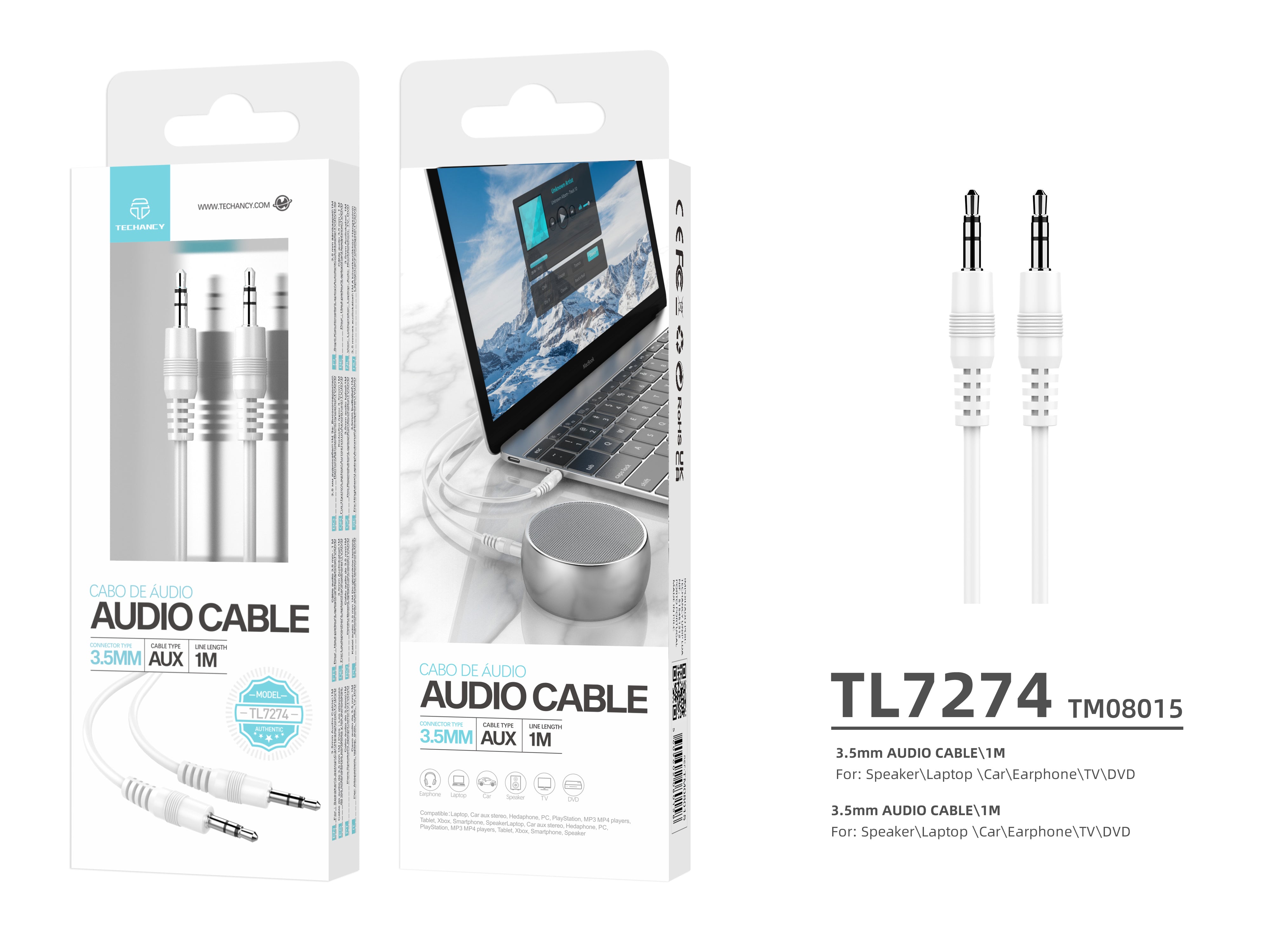 Cable de audio Techancy de 3,5 mm, blanco TL7274, 1 metro, para altavoces, ordenadores, coches, auriculares, DVD, etc.