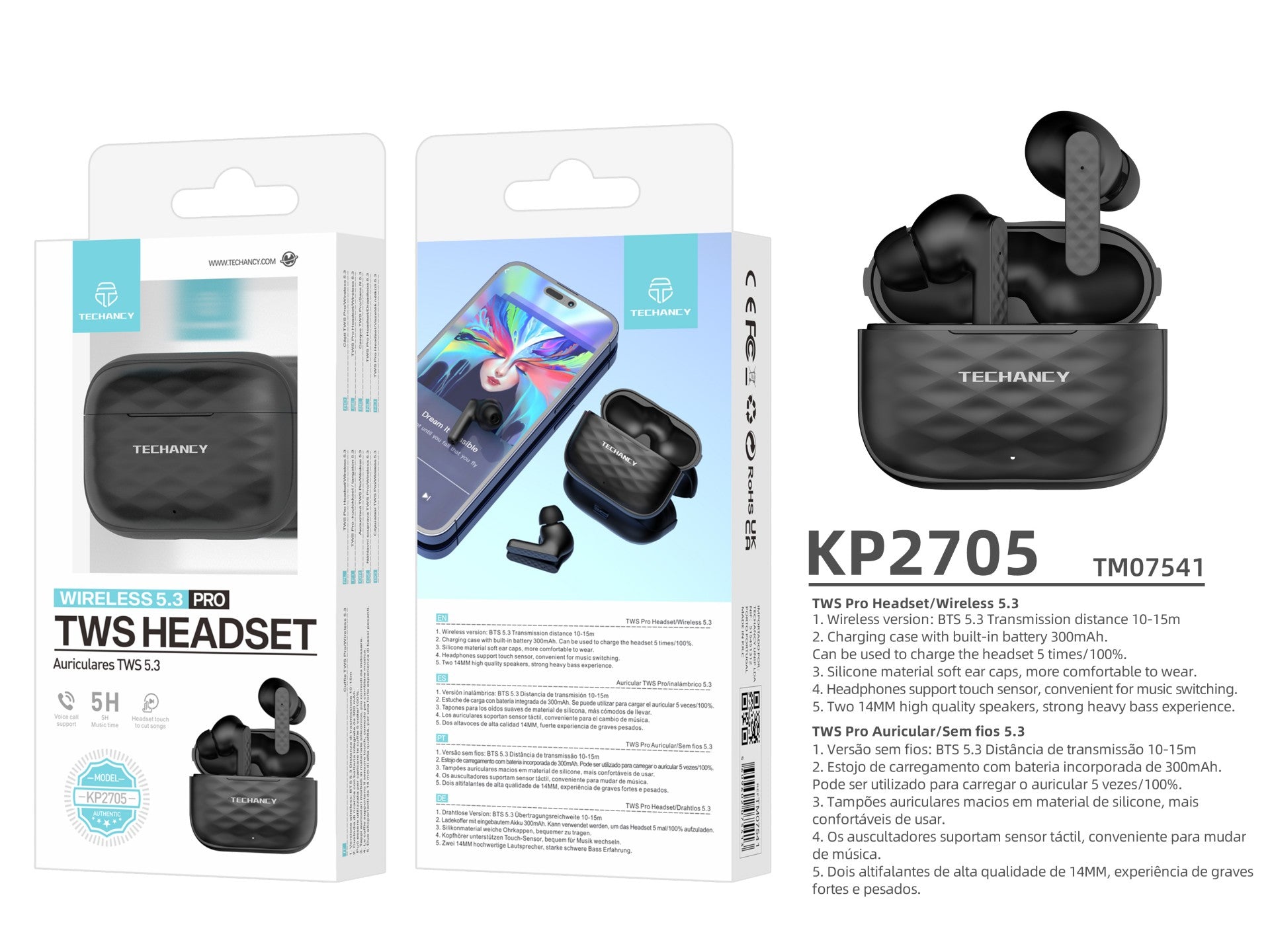 Techancy Wireless Headphones Black, KP2705, 10M Wireless Stereo Connection, 3-4 Hours Music Playback