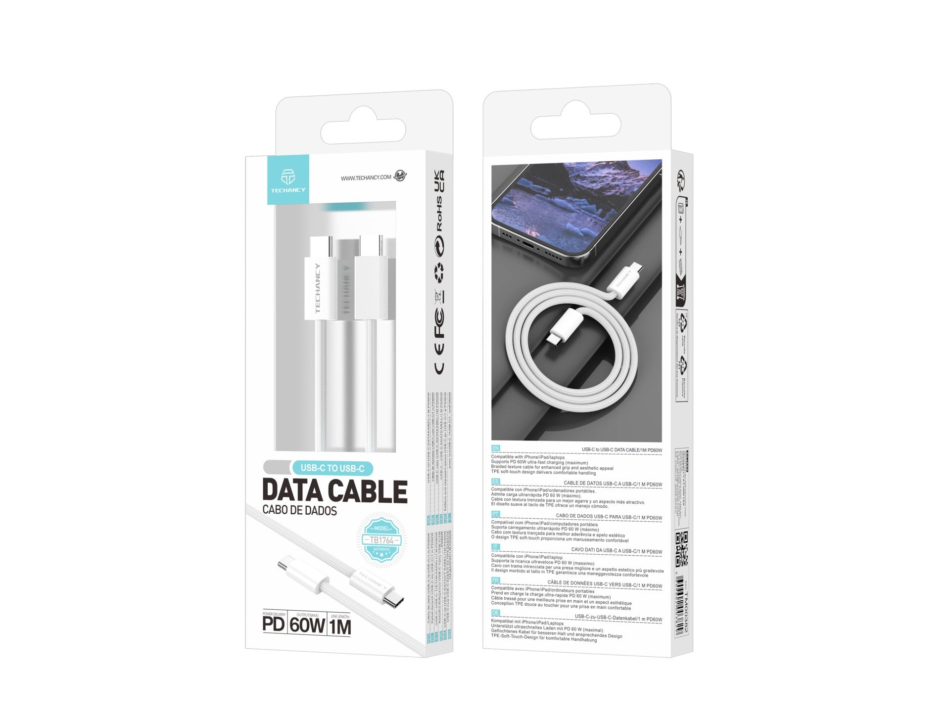 Techancy Cabo USB-C para USB-C TB4764 1M PD 60W, Trancado, Carga Rapida, Compativel com Telemoveis e Portateis, Branco