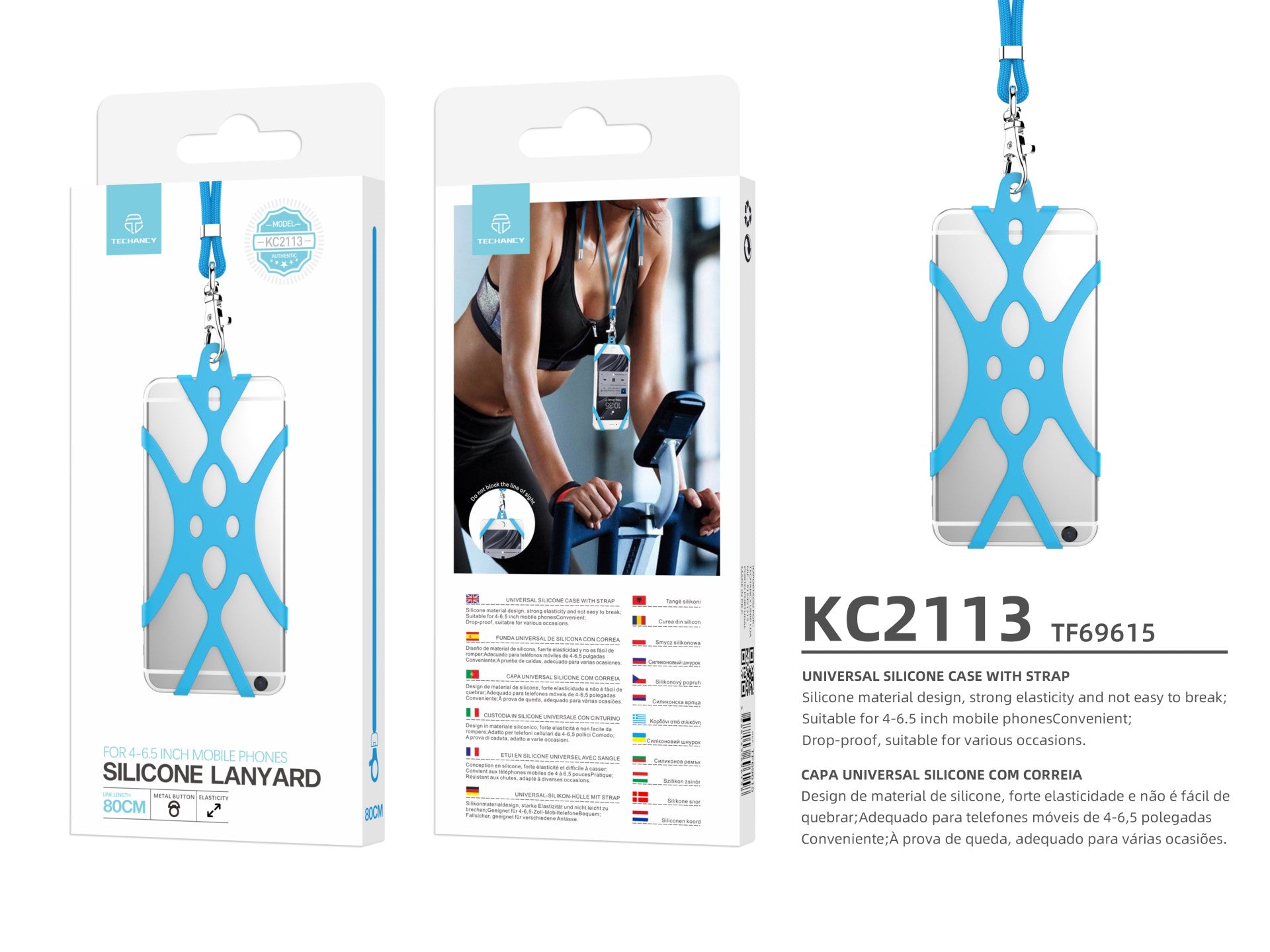 Cordão universal de silicone para telemóvel Techancy, 80 cm, KC2113, compatível com todos os modelos de telemóveis, azul