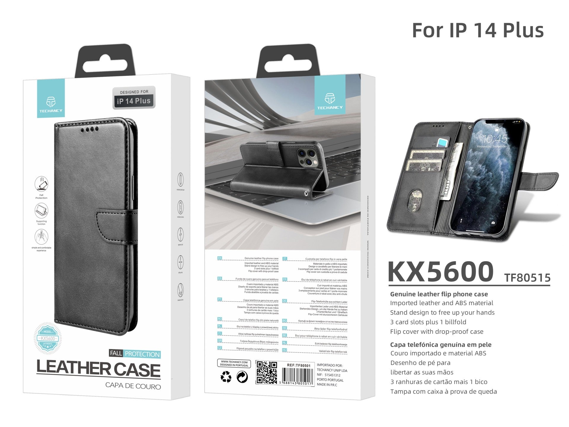 Capa flip em couro para telemóvel com 3 ranhuras para cartões, KX5600, função suporte e proteção contra quedas, compatível com iPhone 14 Plus, Preto