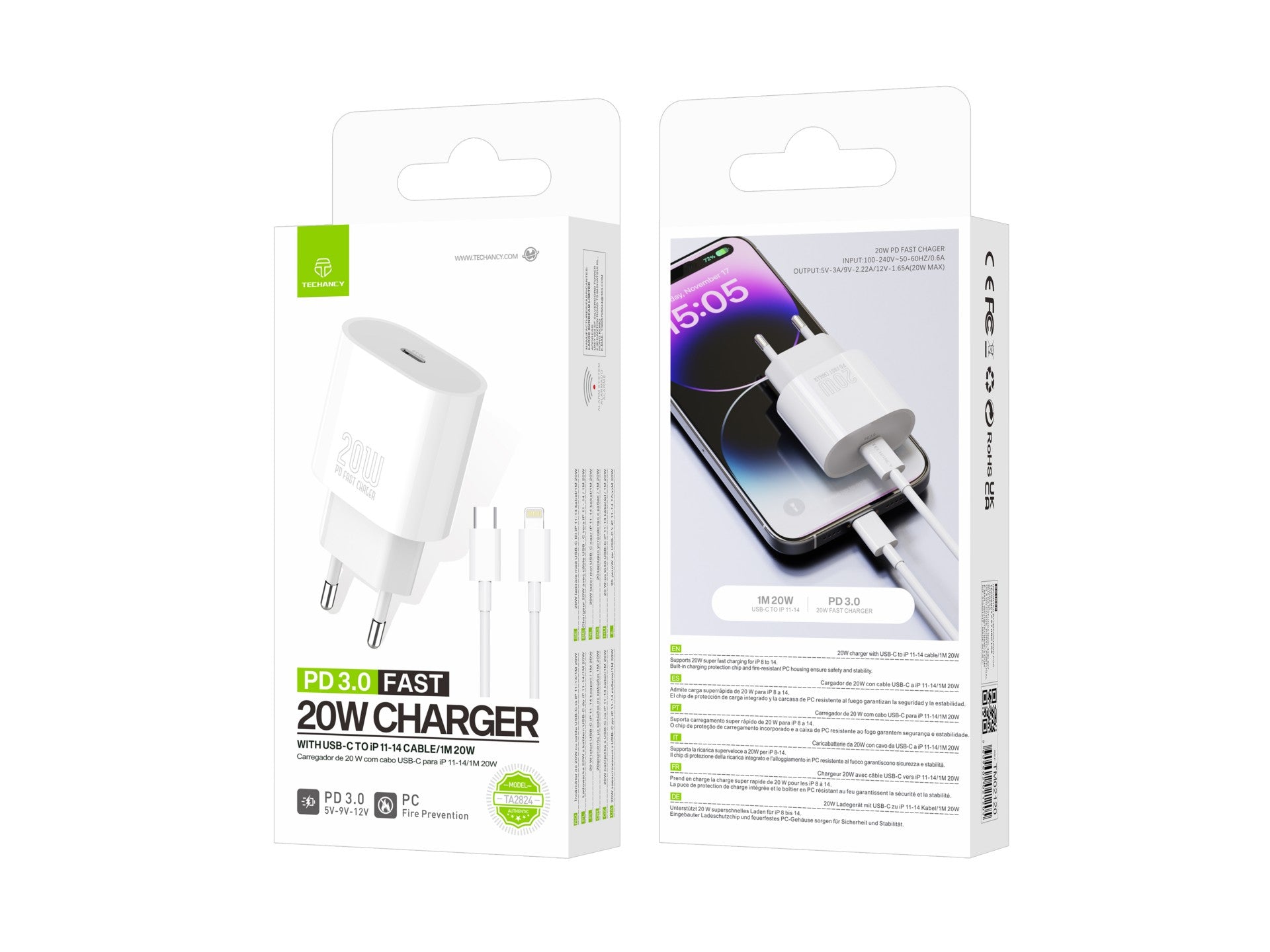 Techancy TA2824 PD3.0 20W Charger with USB-C to Lightning Cable Compatible with iPhone 8 to 14 Series