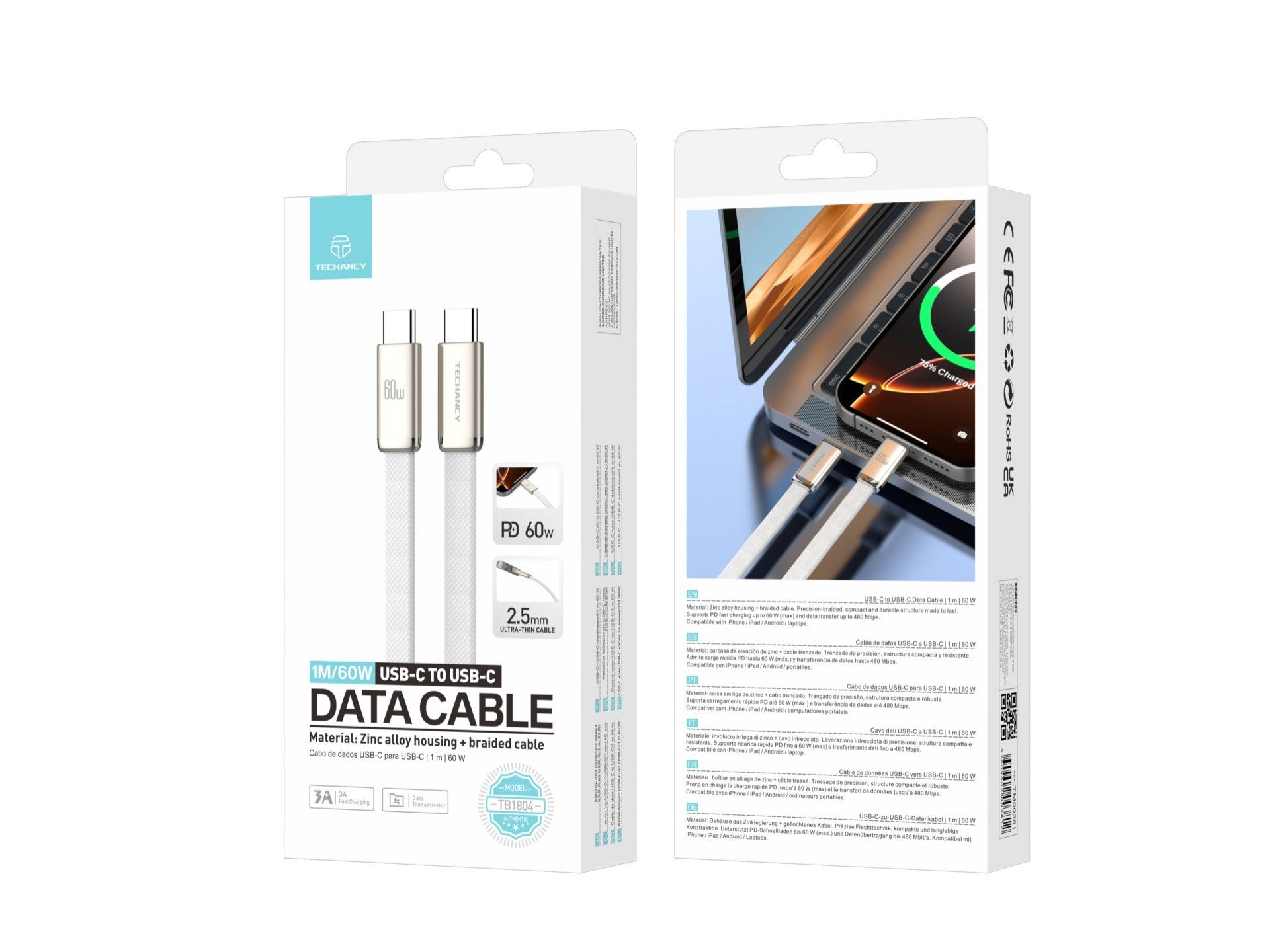 Techancy Cabo de Dados USB C para USB C 60W TB1804 Carregamento Rapido PD Trancado Resistente para Telemovel e Tablet