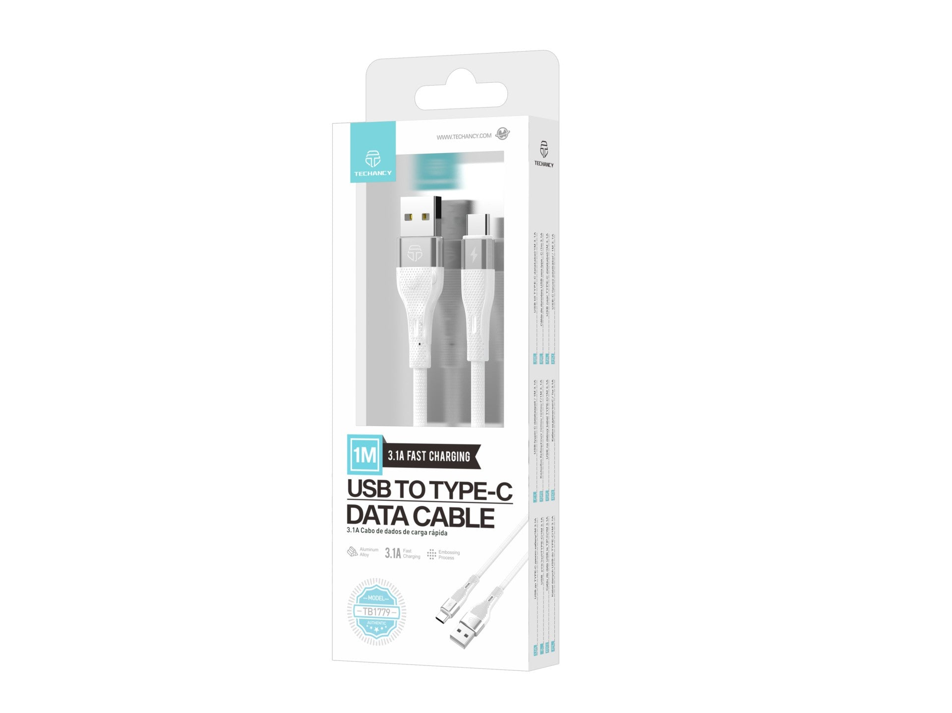 Techancy Cabo De Dados Usb Tipo C Branco TB1779, Carregamento Rápido De 3,1 A, Suporte Para Transferência De Dados De 480 Mbps