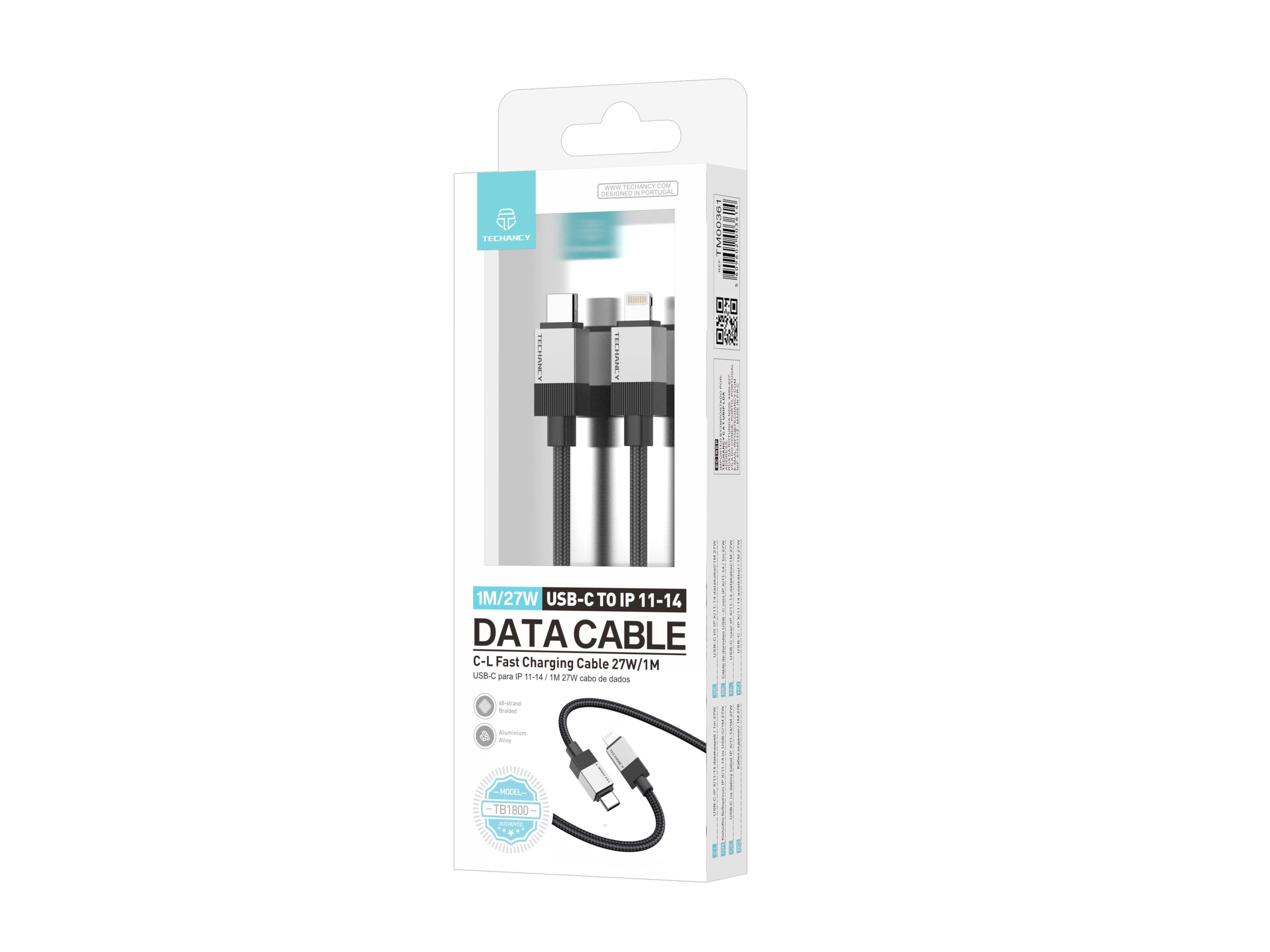 Techancy Cabo de Dados PD TB1800, 27W, 1m Preto, USB-C para Lightning, Conector de Liga de AlumInio, CompatIvel com iPhone 11-14